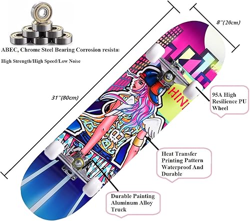 Miniatura 9 de Patinetas para principiantes, niños, niñas y adultos, 31 x 8 pulgadas, arce de 7 capas, cóncavo de doble patada, fascinante fresco, sólido y duradero