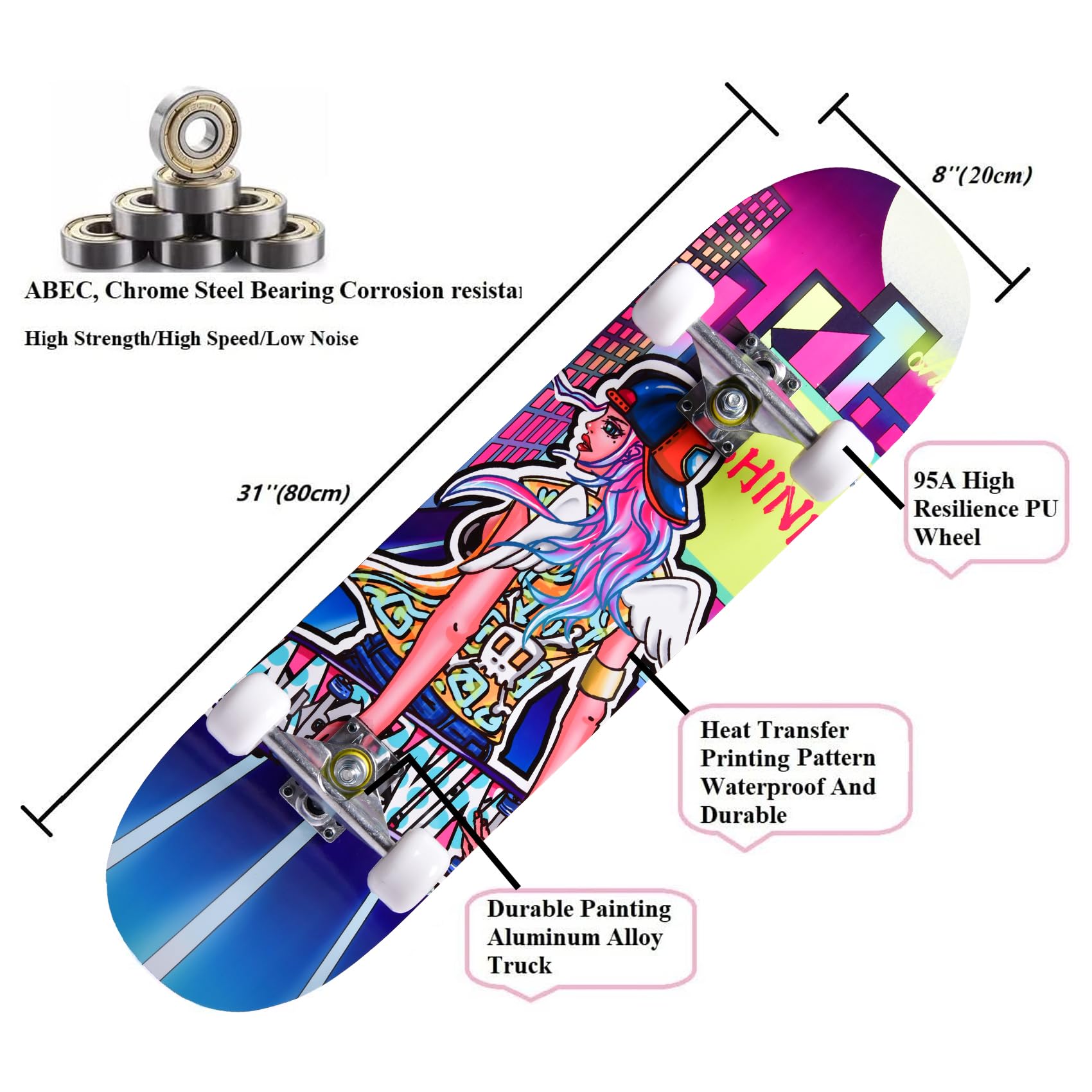 Patinetas para Principiantes, niños, niñas y Adultos, 31 x 8 Pulgadas, Arce de 7 Capas, cóncavo de Doble Patada, Fascinante, sólido y Duradero