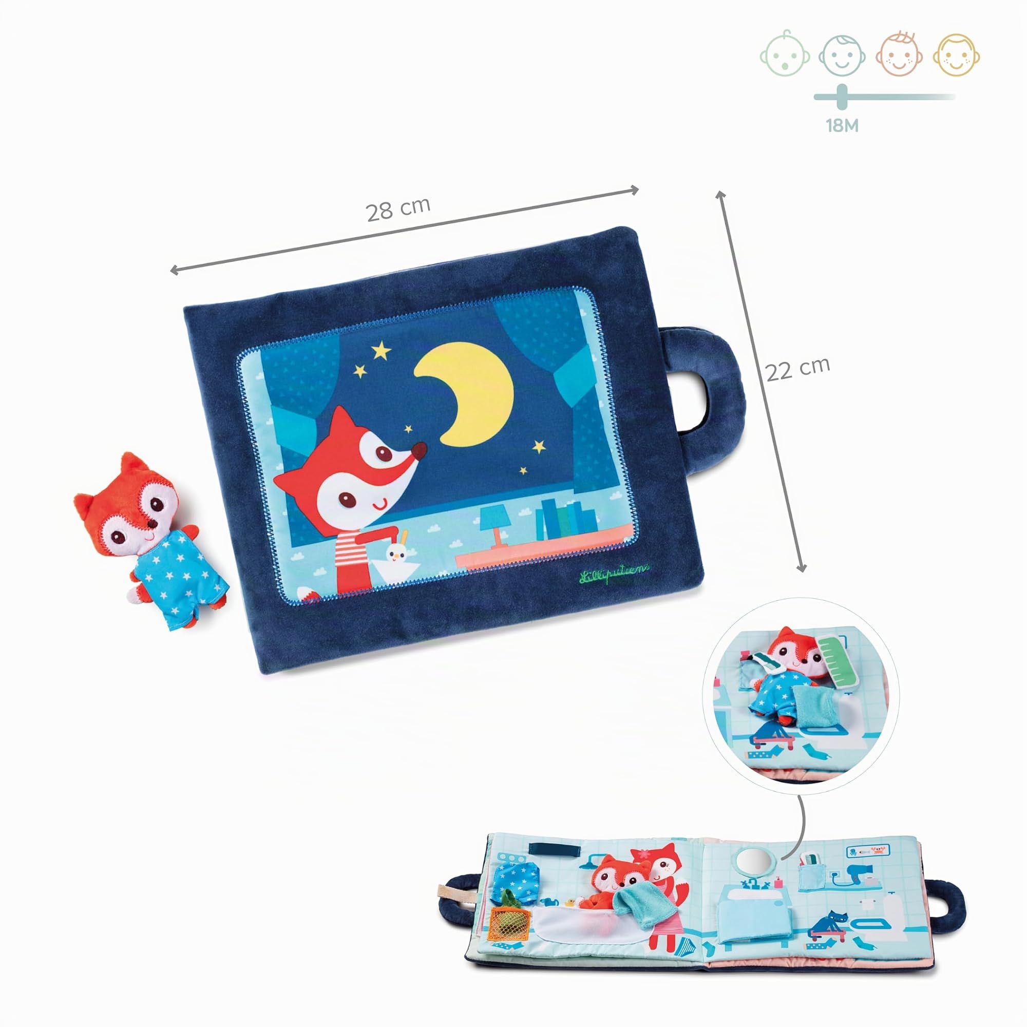 LILLIPUTIENS Livre d’Activités en Tissu Bonsoir Petit Renard Rituel du Coucher Interactif 28 x 22cm Dès 18 Mois