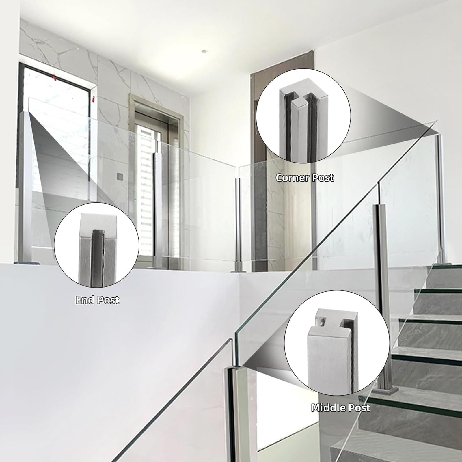 Geländersystem für Balkon und Treppe, Edelstahl, Glas, 100,1 cm, einfache Installation, Poolzaun mit Schlitzen, Basis, silberfarbener Mittelpfosten für Sicherheit und Stil