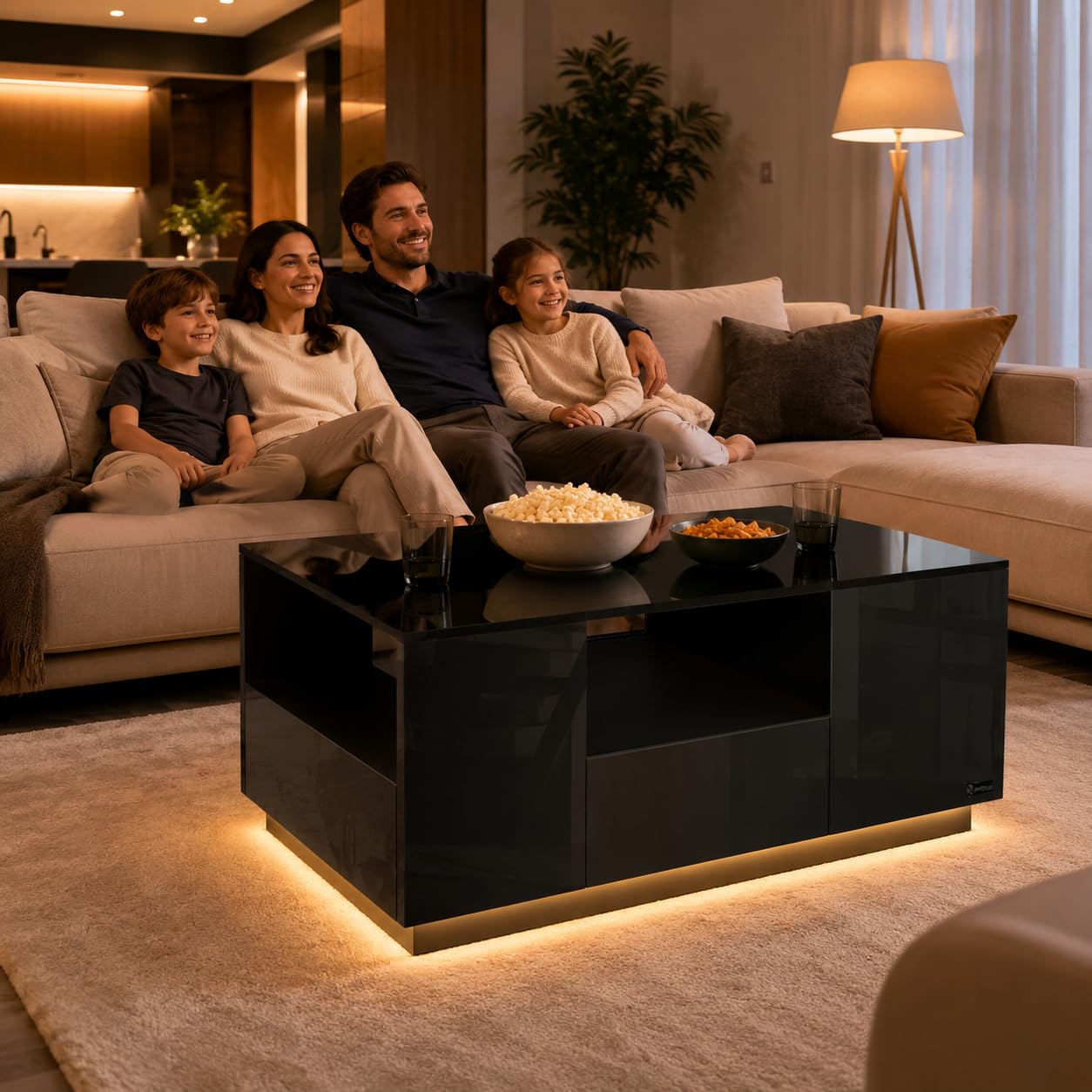 LED Couchtisch Wohnzimmertisch Sofatisch Kaffeetisch Beistelltisch - mit Ablage und Schubladen - Fernsehtisch aus Holz Wohnzimmer Möbel Tisch Kommode Fernseher Design - Schwarz Hochglanz