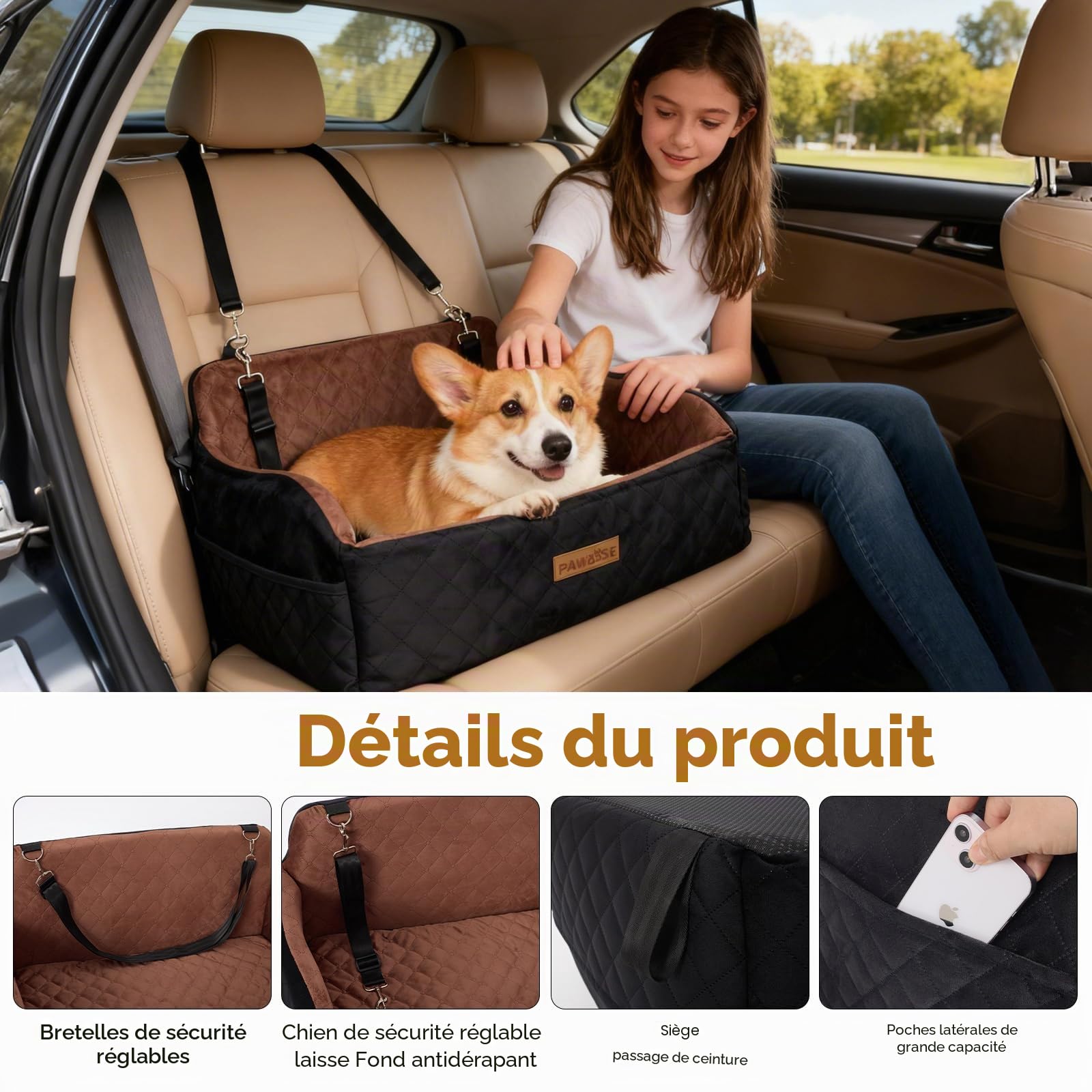 PAWBOSE Siège auto pour chien de taille moyenne/grande de moins de 25 kg ou 2 petits chiens, rembourrage en tissu doux, rembourrage en mousse à mémoire de forme, siège de voiture confortable amovible