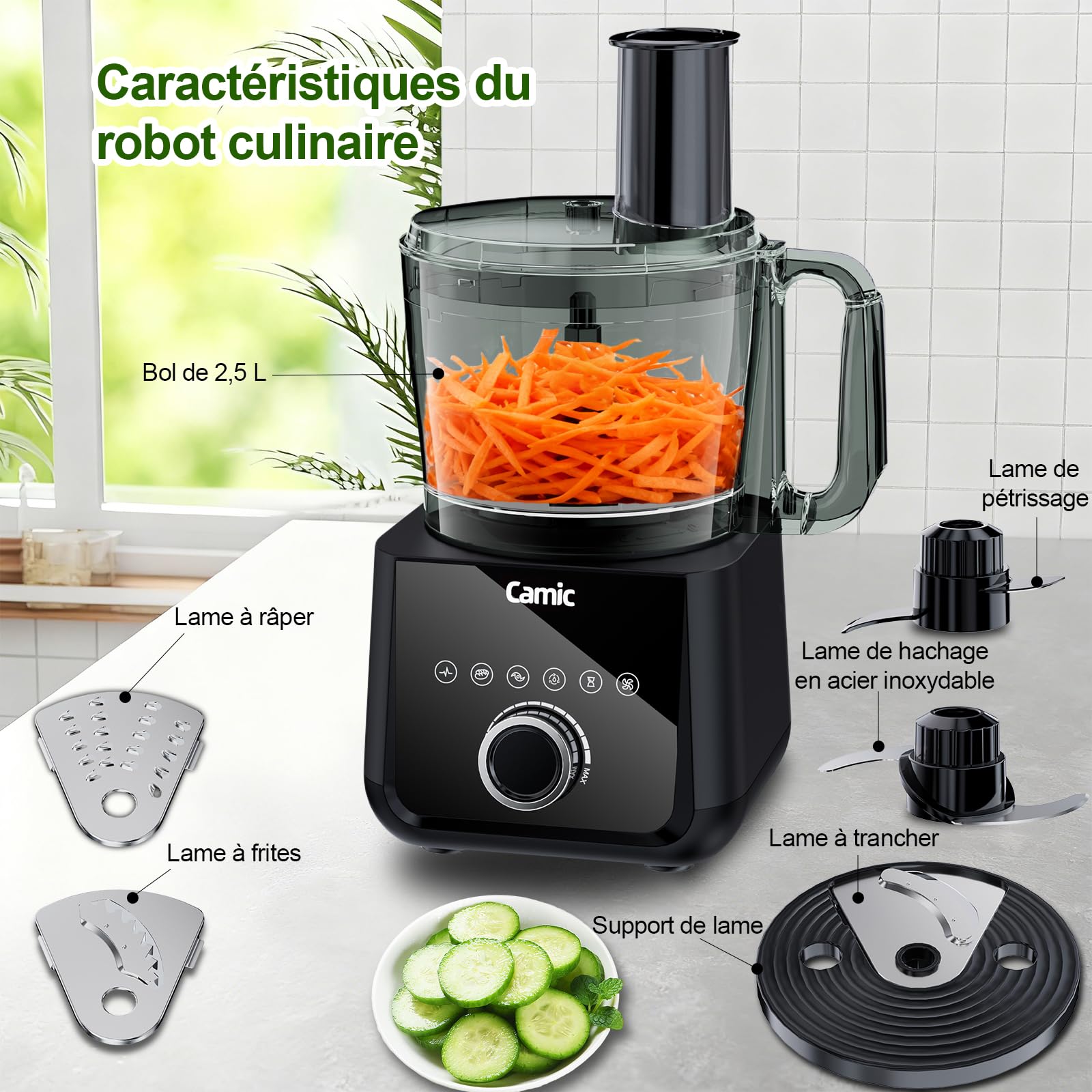 Camic Robot Cuisine Multifonction 1500W - Compact Robot Culinaire avec Bol 2.5L, 6 Fonctions, PowerChop, Disque 3 en 1, Assemblage facile pour une Variété de Tâches de Cuisine