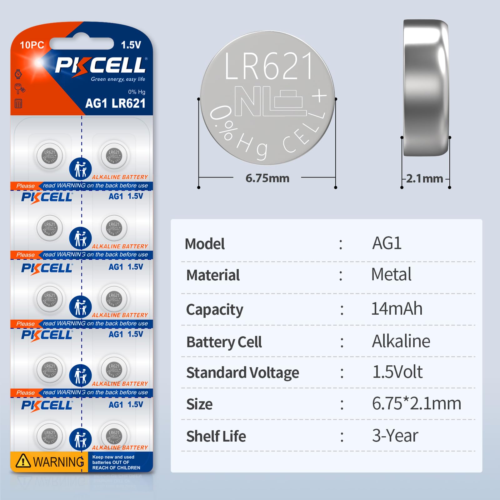 PKCELL 20 Pack SR621sw Watch Battery AG1 Battery 1.5V LR621 363 364 Watch Batteries