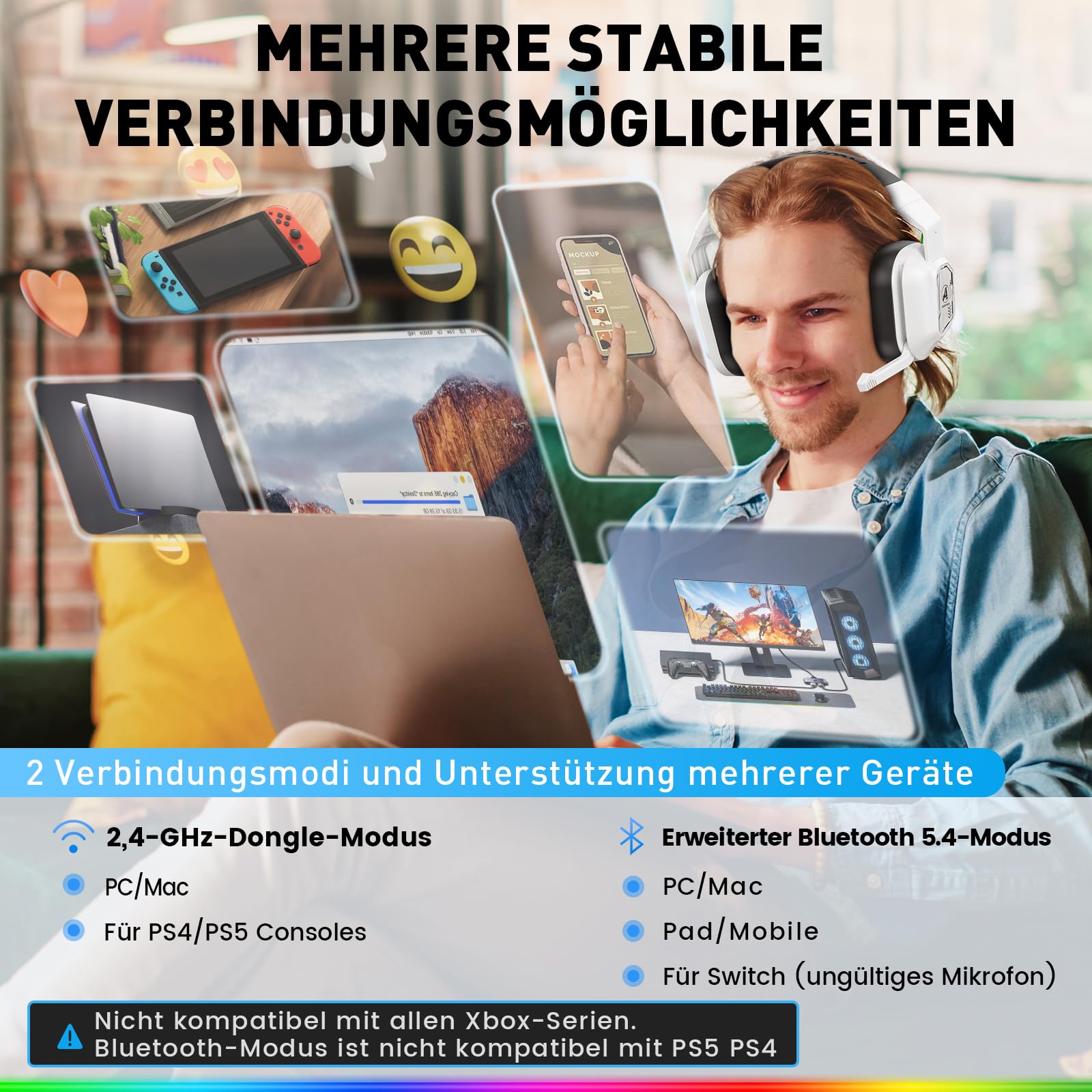 PH4 Gaming Headset Wireless 100H Akku & Spielen beim Laden, 2.4GHz+BT(≤20ms), Surround Sound Headphone Mit Mikrofon für FIFA/Streaming/CS:GO, Kompatibel für PS5/PS4, Weiß Schwarz