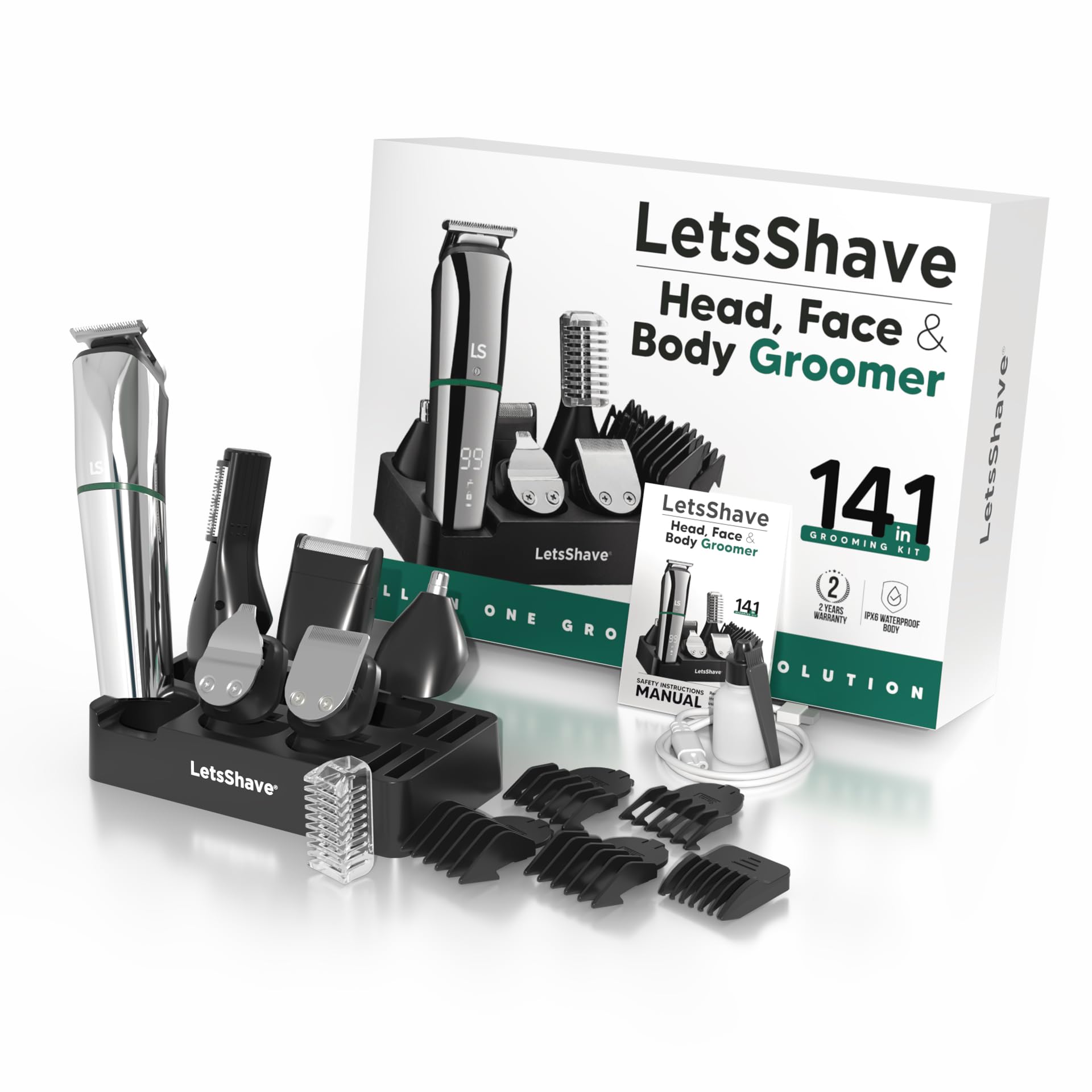 Letsshave All-in-One Beard, Body & Balls Trimmer | Men's Cordless Multi-Grooming Set with Nose Trimmer, Foil Shaver & Body Trimming Head | 20 Length Settings & Fast Charging