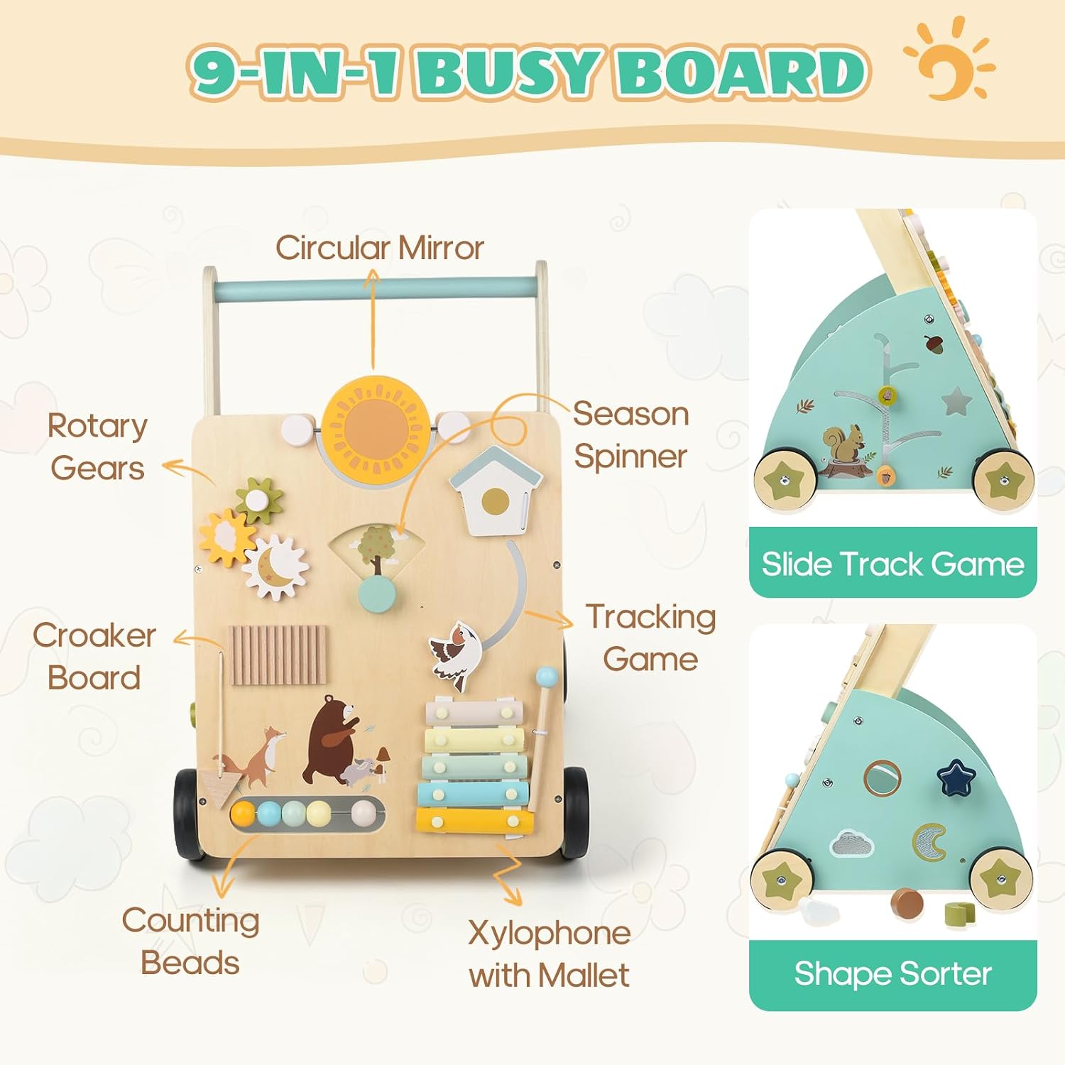 Brownroot Wooden Baby Walker with 9-in-1 Activity Center, Woodland Themed Montessori Toddler Push Toy with Xylophone, Counting Beads & Shape Sorter, Early Educational Learning Toy for 1+ Year Old