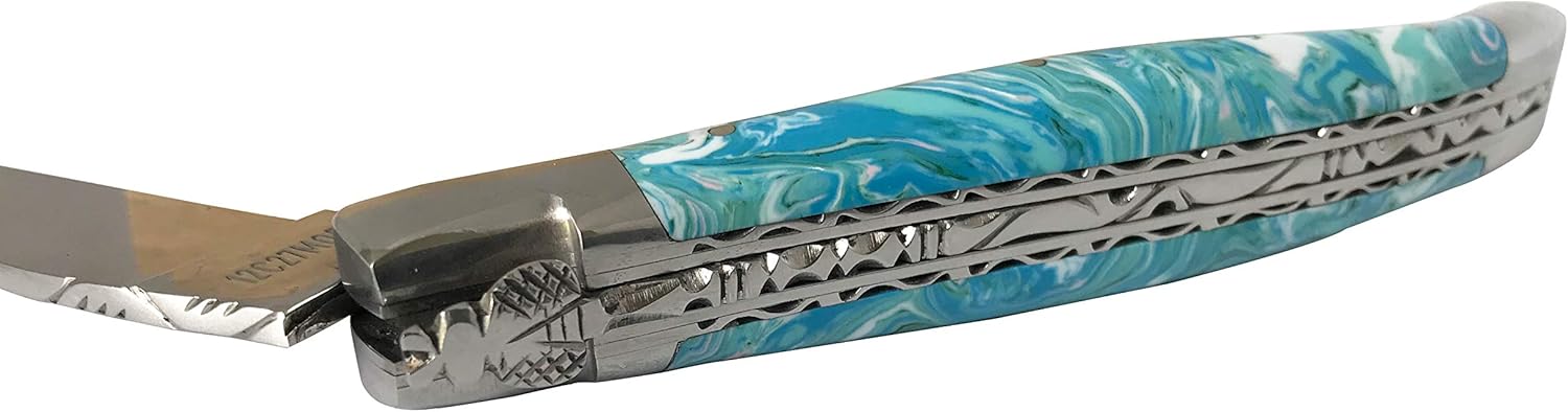 Laguiole en Aubrac Handmade Luxury Double Plate Folding Pocket Knife, 4.8-in (12cm). Genuine Larimar Handle, Hand Forged Bee, Stainless Steel Shiny Bolsters
