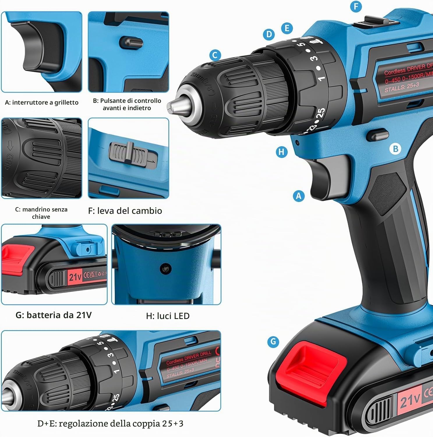 Trapano Avvitatore 21V con Valigetta – Kit Completo: 2 Batterie 2000mAh, 2 Velocità, 25+3 Regolazioni di Coppia, Mandrino 10mm e 24 Accessori – Ideale per Casa, Fai-da-Te e Montaggio Mobili