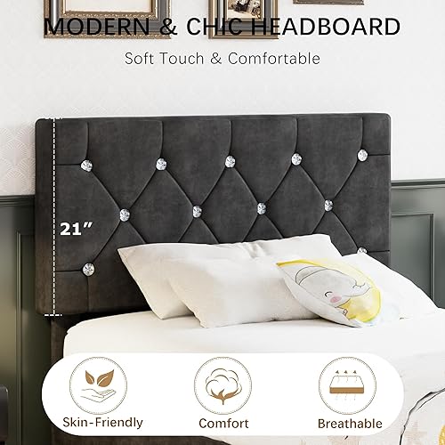 Miniatura 22 de VECELO Base de cama de tamaño individual, plataforma tapizada con cabecera ajustable de diamante, soporte de listones de madera, no necesita somier,