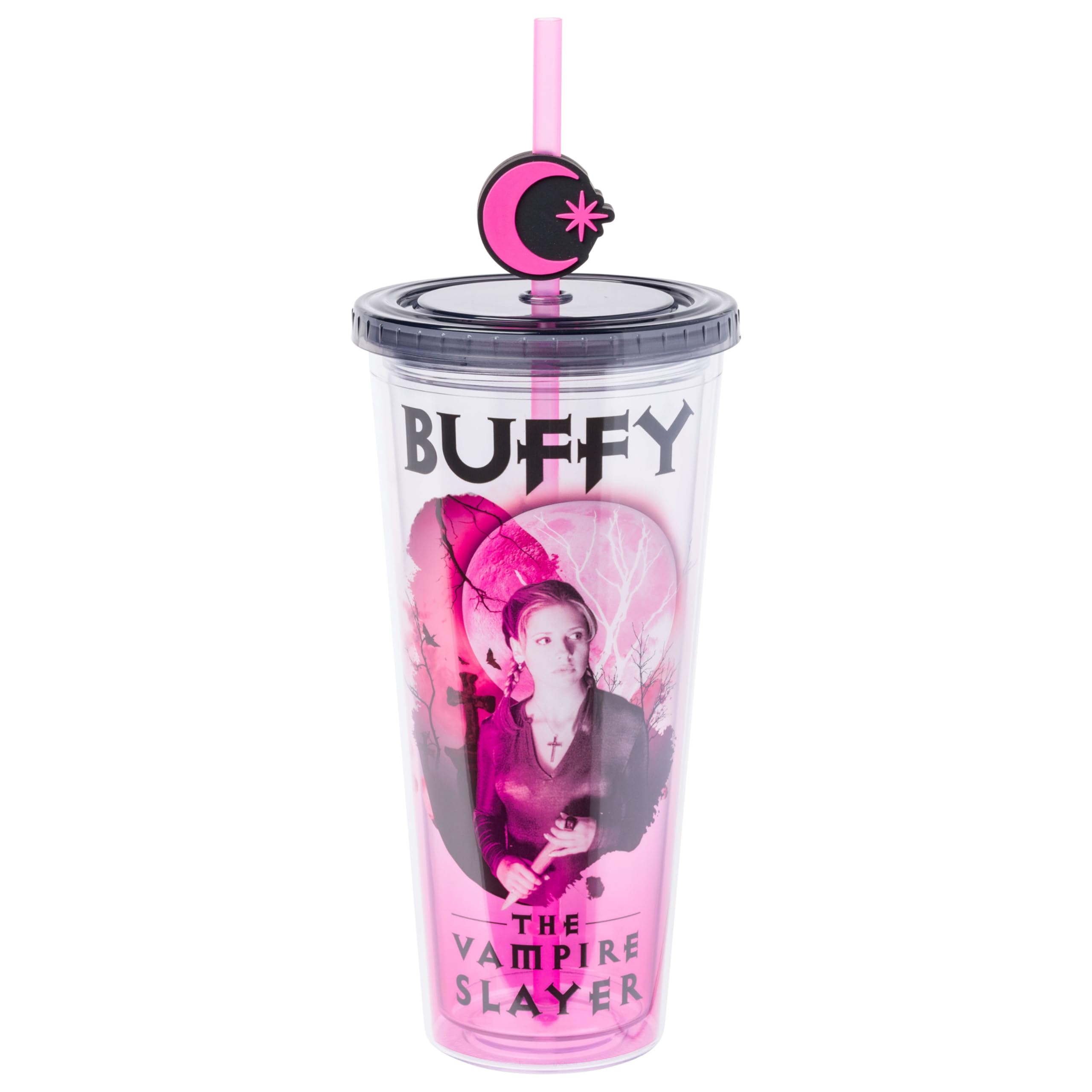 Silver Buffalo Buffy the Vampire Slayer Plastic Cold Cup with Lid and Straw Topper, 24 Ounces