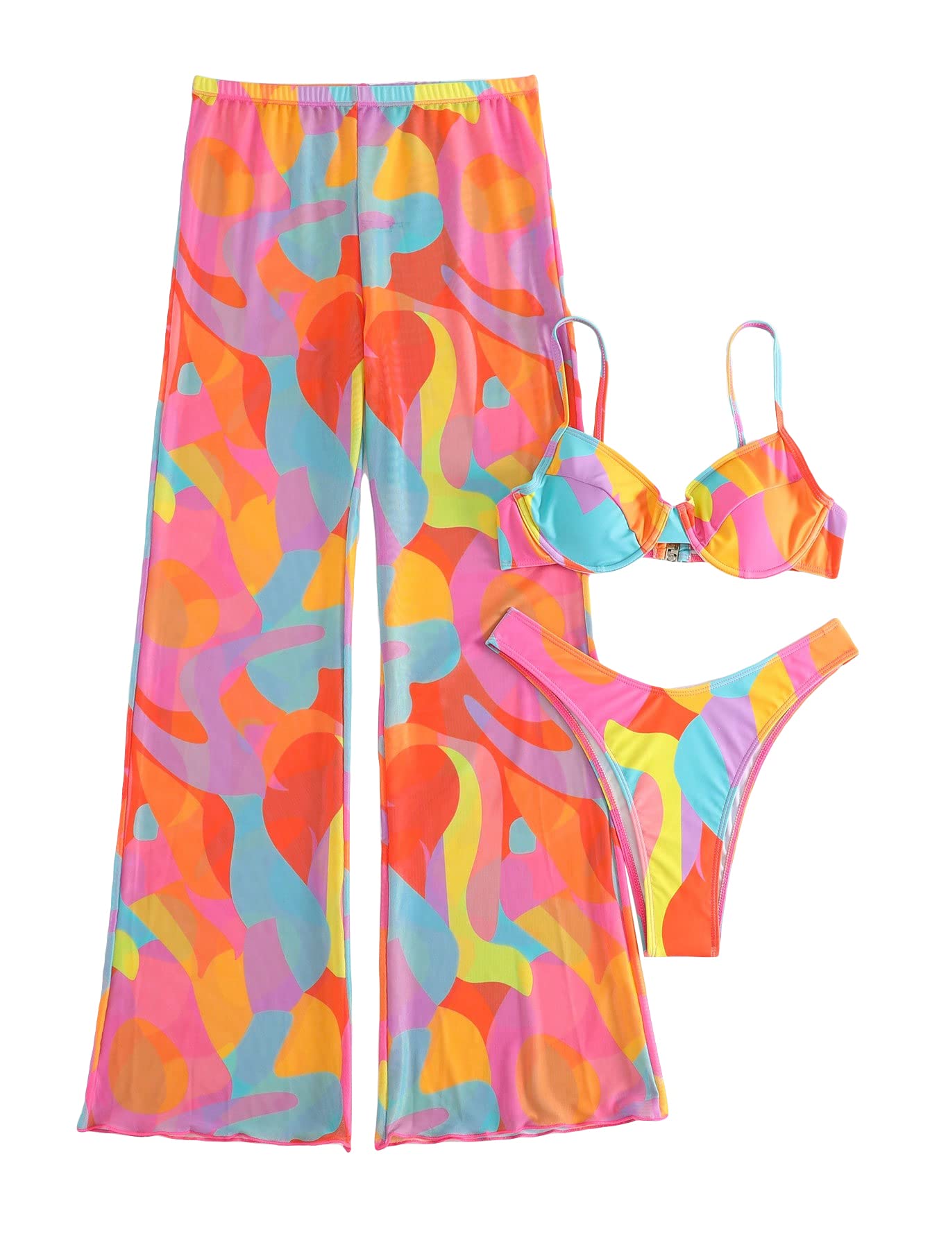 SHENHE Women's 3 Piece Push Up Color Block High Cut Bikini