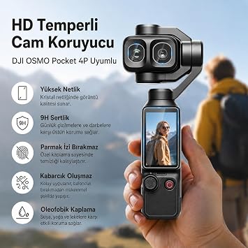 Osmo Pocket 4P Uyumlu Temperli Cam Ekran ve Lens Koruyucu Seti 9H – 3 Parça (DJI Osmo Pocket 4P Uyumlu)