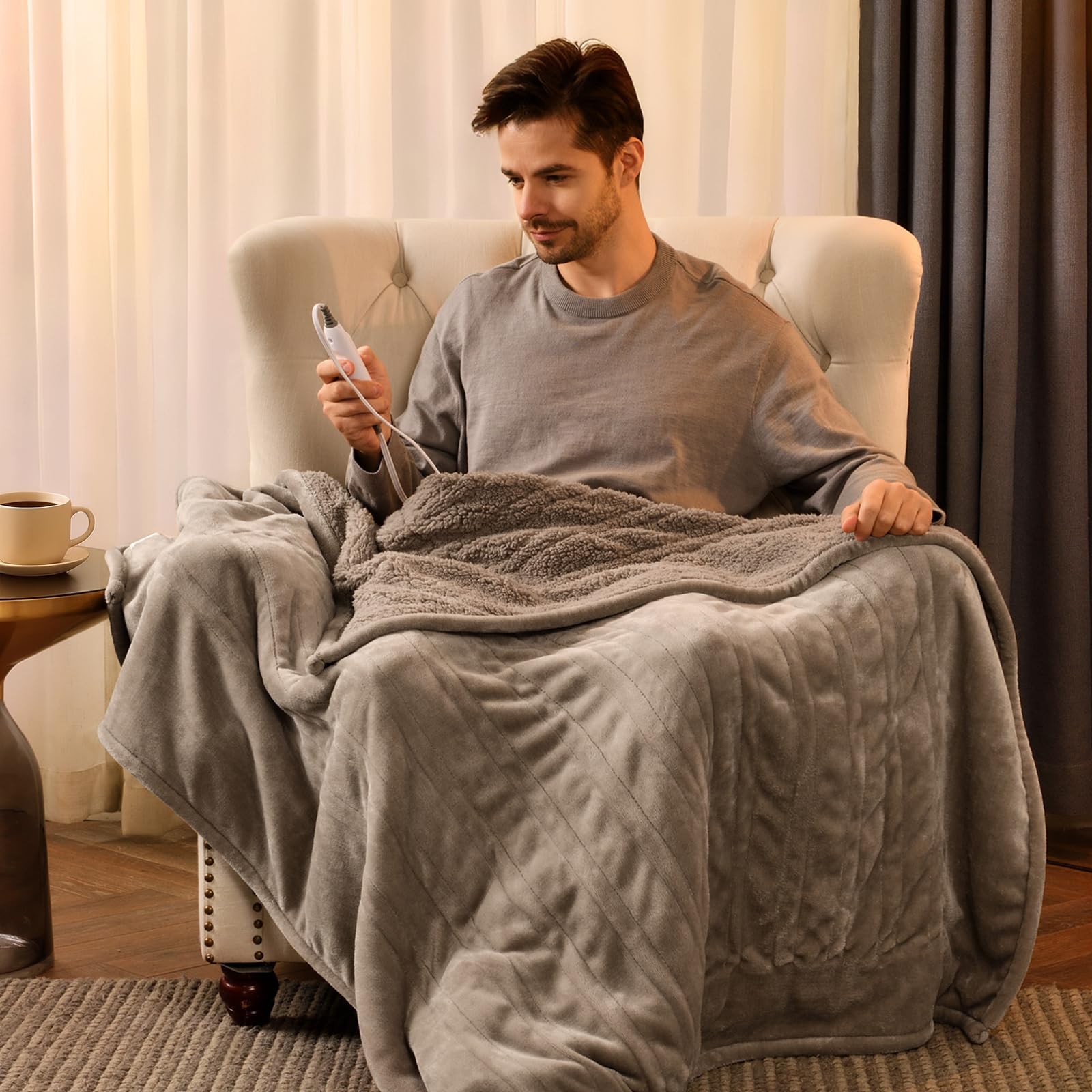 Bearhug Electric Blanket Throw Size, 50" x 60" Heated Blanket with 6 Heating Levels &amp; 4H Auto Shut-Off, Machine Washable Soft Velvet to Sherpa Reversible Heated Throw for Office, Couch and Sofa Taupe