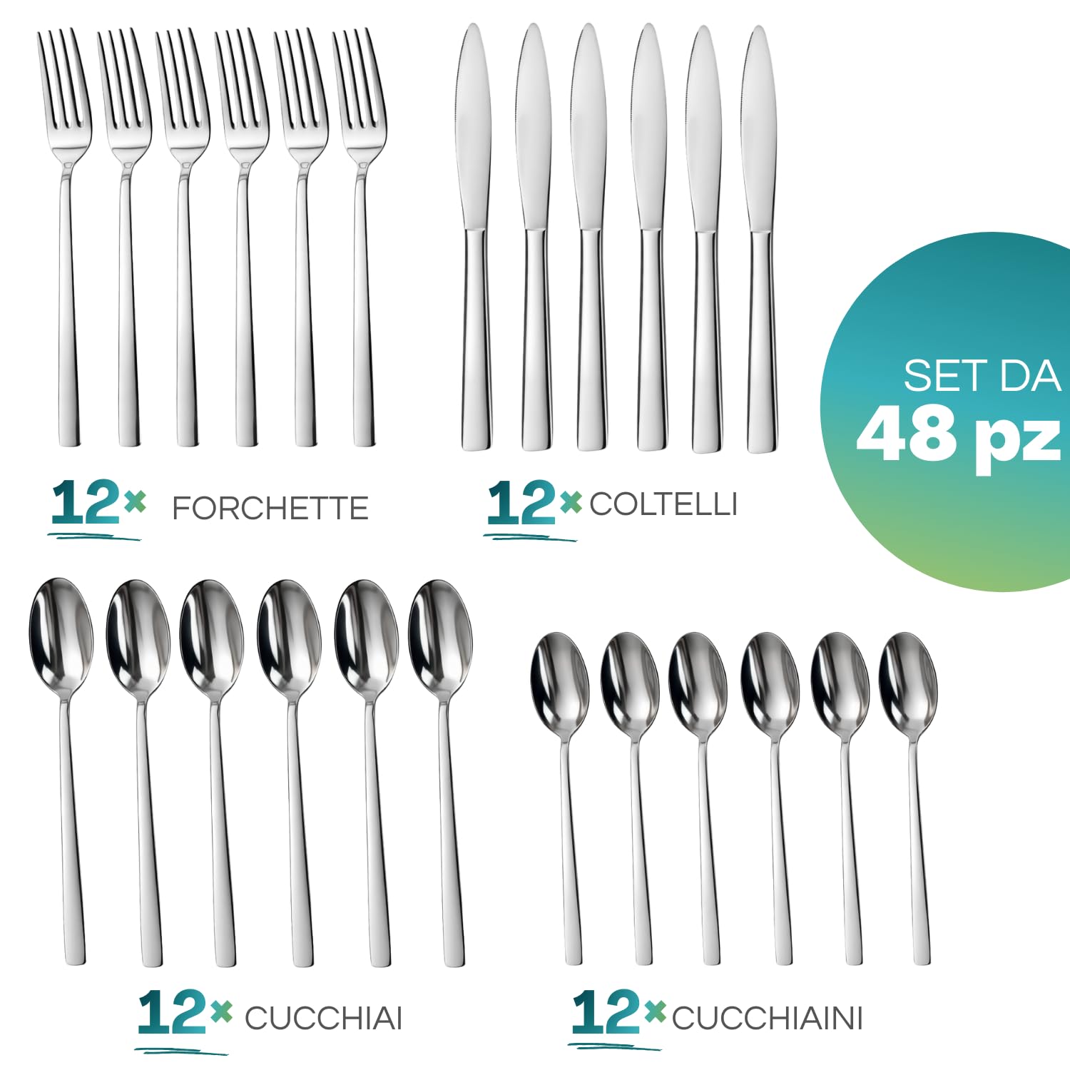 Paluplus Set 48 Posate in Acciaio Inox, Servizio per 12 Persone, set composto da cucchiaio, forchetta, coltello e cucchiaino, stoviglie con finitura lucida, Lavabili in Lavastoviglie, Made Italy