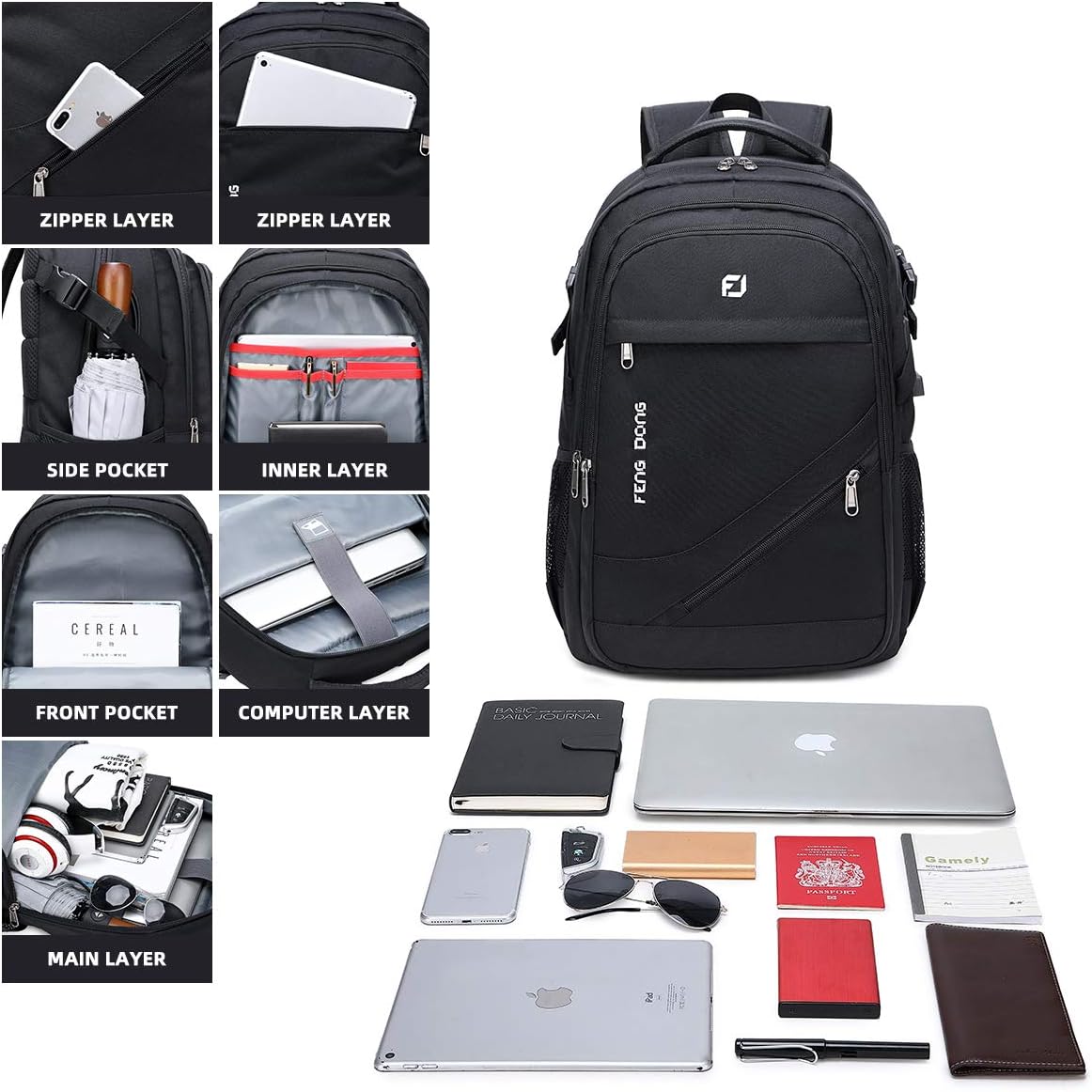 FENGDONG Durable Waterproof Travel Laptop Backpack 17.3 inch,Large College Backpack Bookbag for Men & Women Business Backpack with USB Charging Port and Headset Port Black image 4