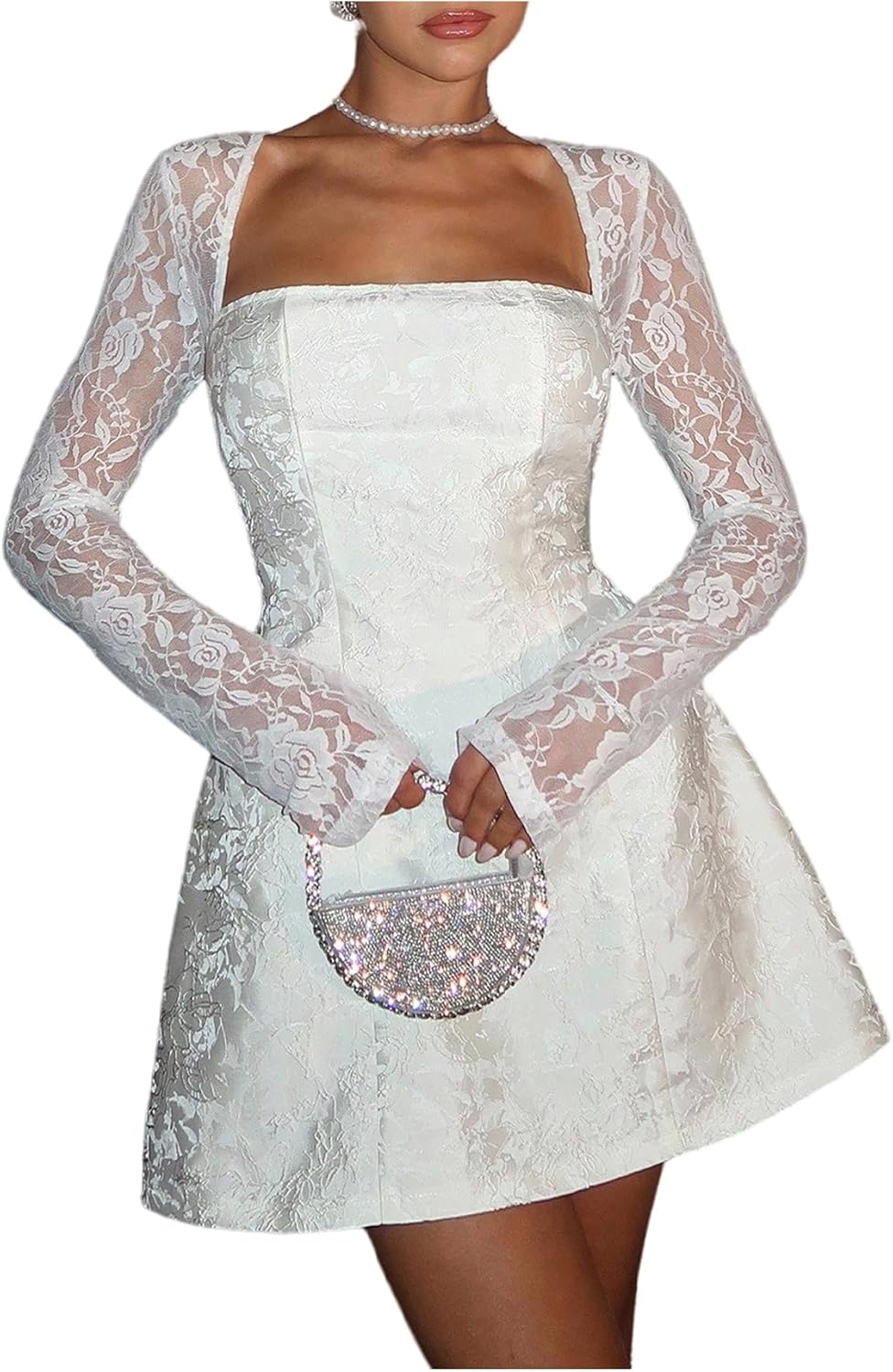 Floerns Women's Elegant Lace Long Sleeve Mini Dress Tie Open Back A Line Wedding Guest Dresses