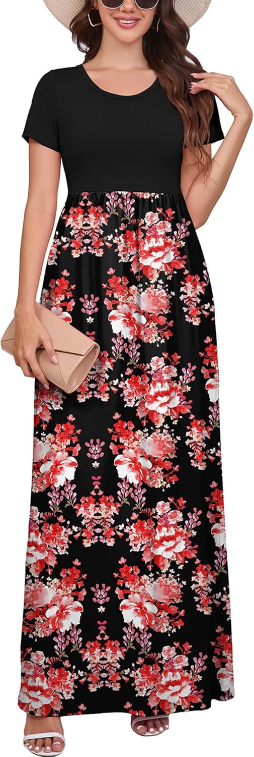 DEARCASE Maxi Dress for Women Short Sleeve Casual Summer Loose Plain Comfy Long Dresses with Pockets