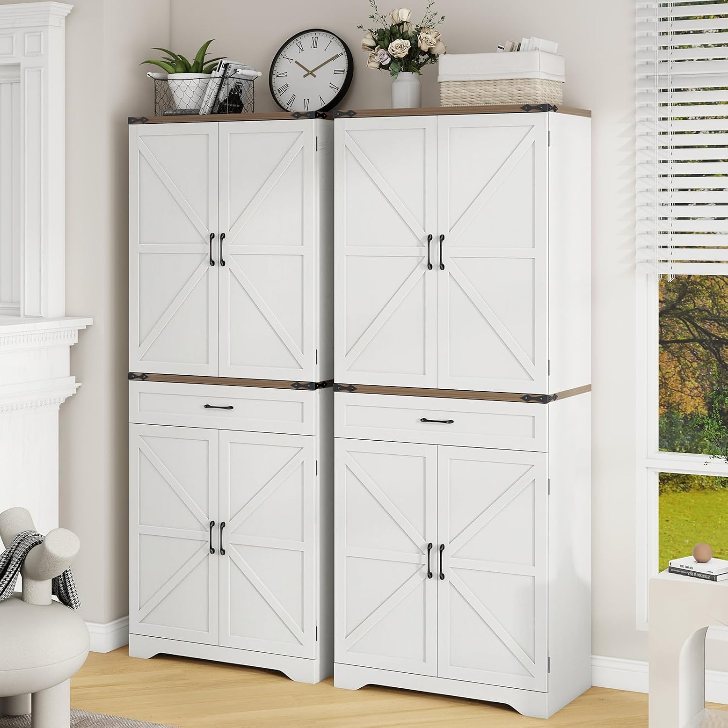Halitaa 72" Tall Farmhouse Pantry Storage Cabinet with Organizer - Large Capacity Freestanding Cupboard for Kitchen, Dining Room, Living Room, White