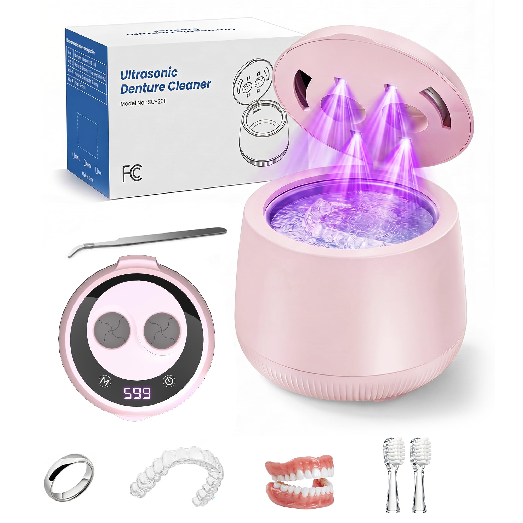 Xbeauty Macchina per la pulizia a ultrasuoni per protesi, 48 kHz con 4 modalità temporizzate, timer digitale da 200 ml per fermi, paradenti, bretelle, allineatori, spazzolini da denti e gioielli, rosa