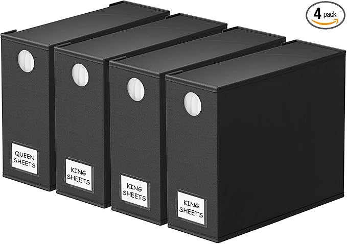 SpaceAid 4 Pack Bed Sheet Organizers and Storage, Foldable Sheet Organizer for Linen Closet, Sheets Set Folder Keeper with Window XL (Queen & King Size) Organizing Bedding Container, Black