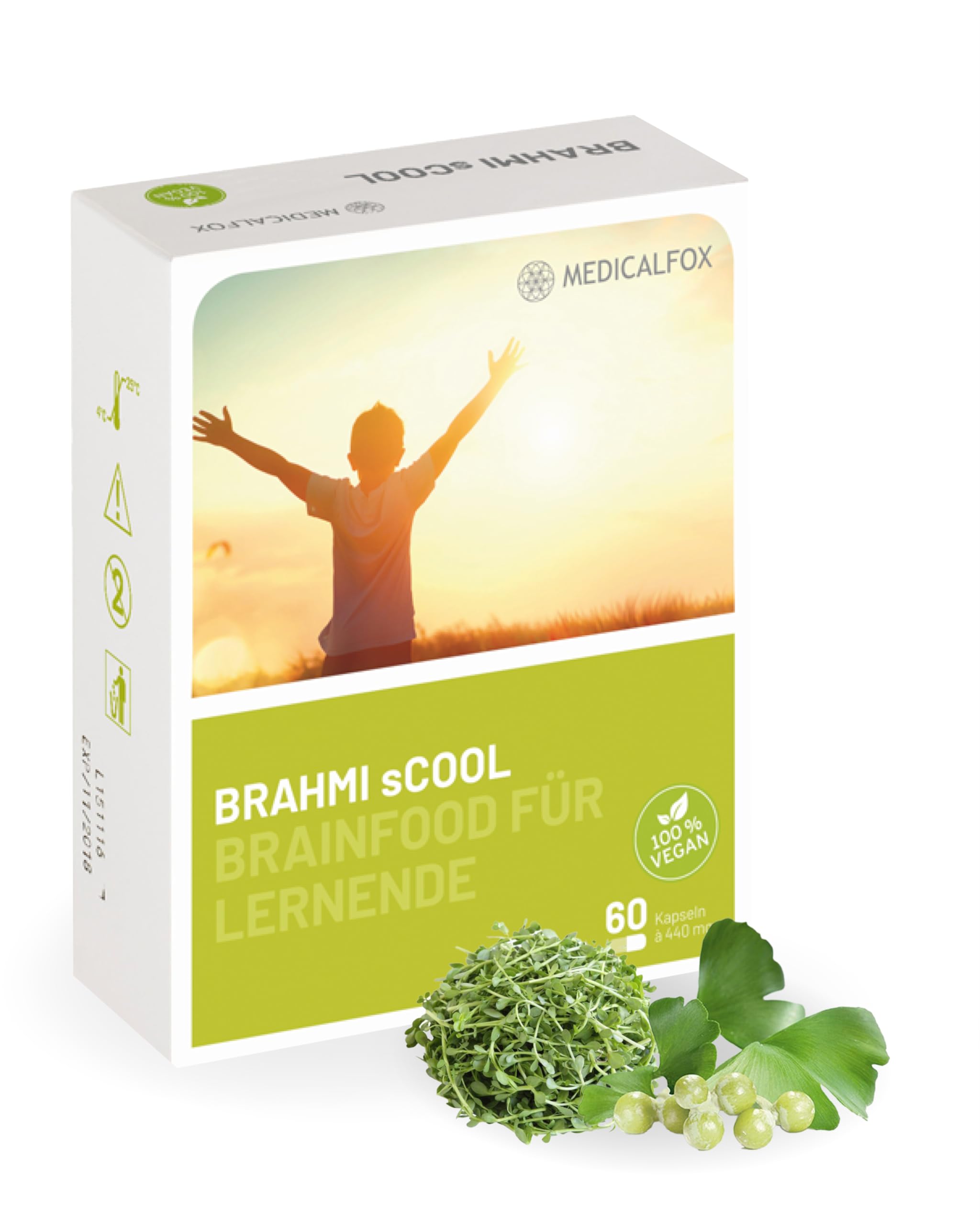 BRAHMI sCOOL Konzentrations- & Gehirn Kapseln zum Lernen 60 Stk. vegan - Mit Vitamin B5 Pantothensäure für normale geistige Leistung, Mit Brahmi, Ginkgo, Gojibeere & Zink, Vitamin C & D