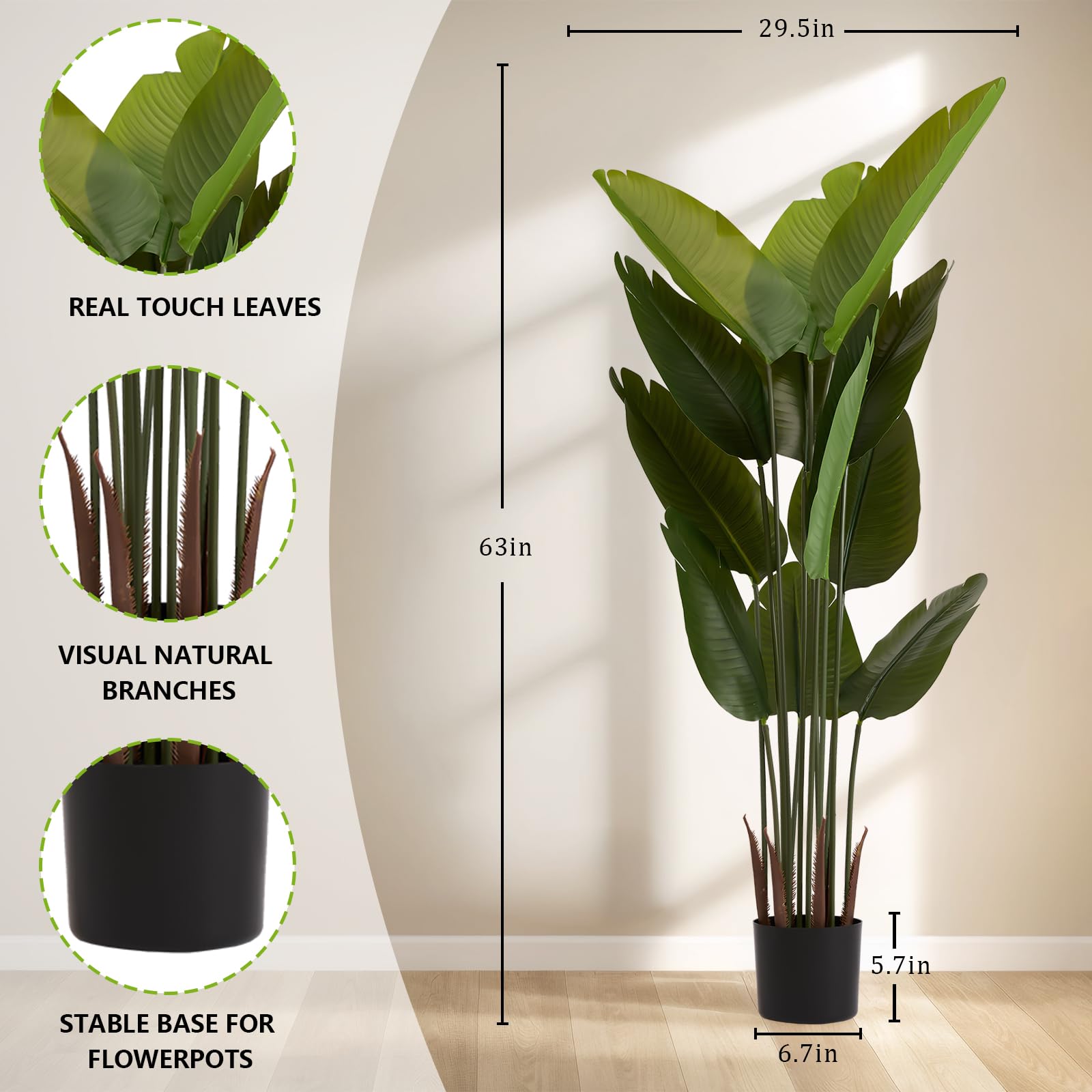 , Fake Tropical Tree with Greenery Leaves Stems, 5.2 ft
