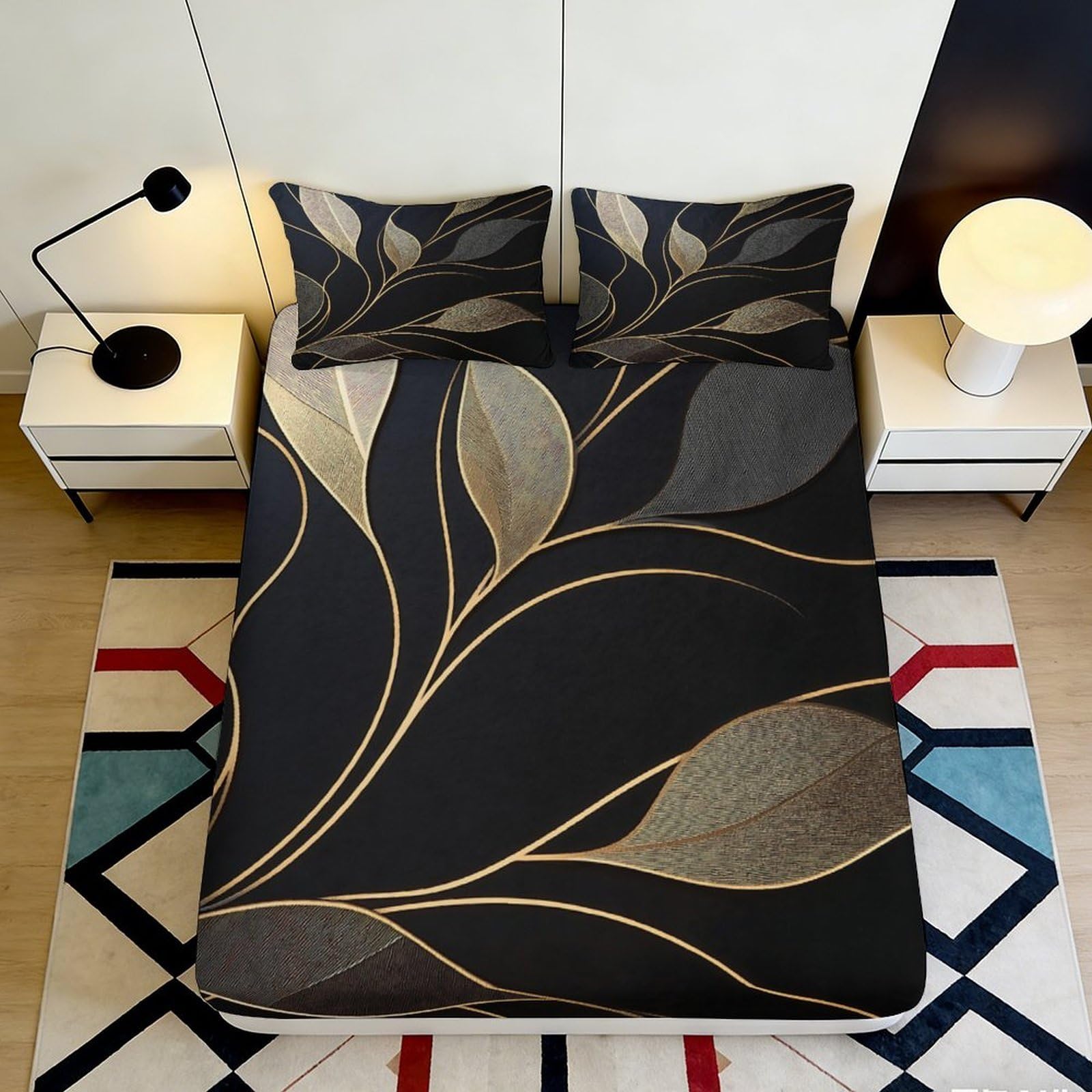 Pnayamiorkfel Style-3 3D Printed Golden Leaf Fitted Sheet Microfiber Soft Modern Black Mattress Cover Anti-Slip Machine Washable Decor 90X200x25cm