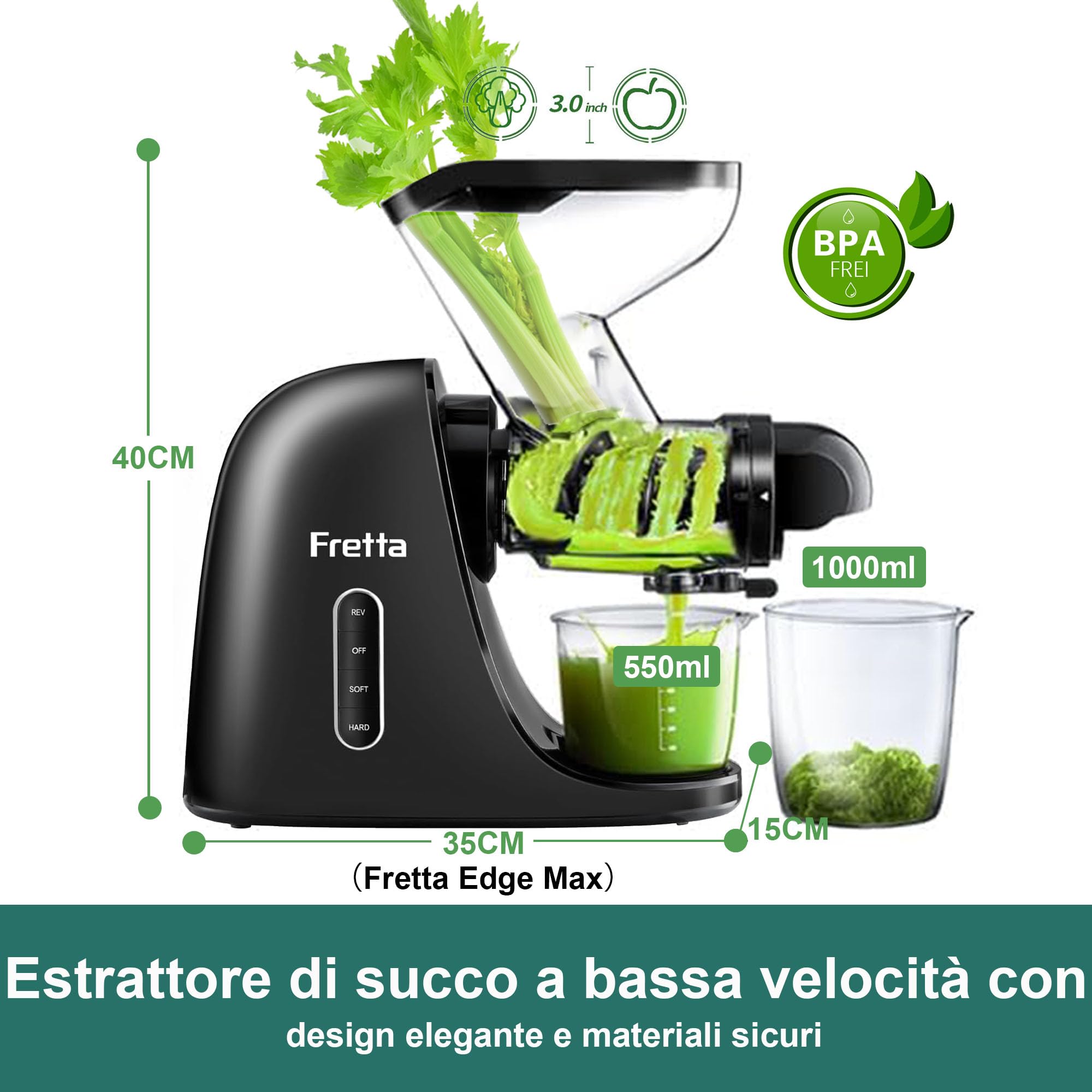 Fretta Estrattore di succo, con Ampio Scivolo di Caricamento, Senza BPA, Spremiagrumi per Sedano, Estrattore con Motore DC Silenzioso e Funzione Inversa masticating juicer machines (Nero)