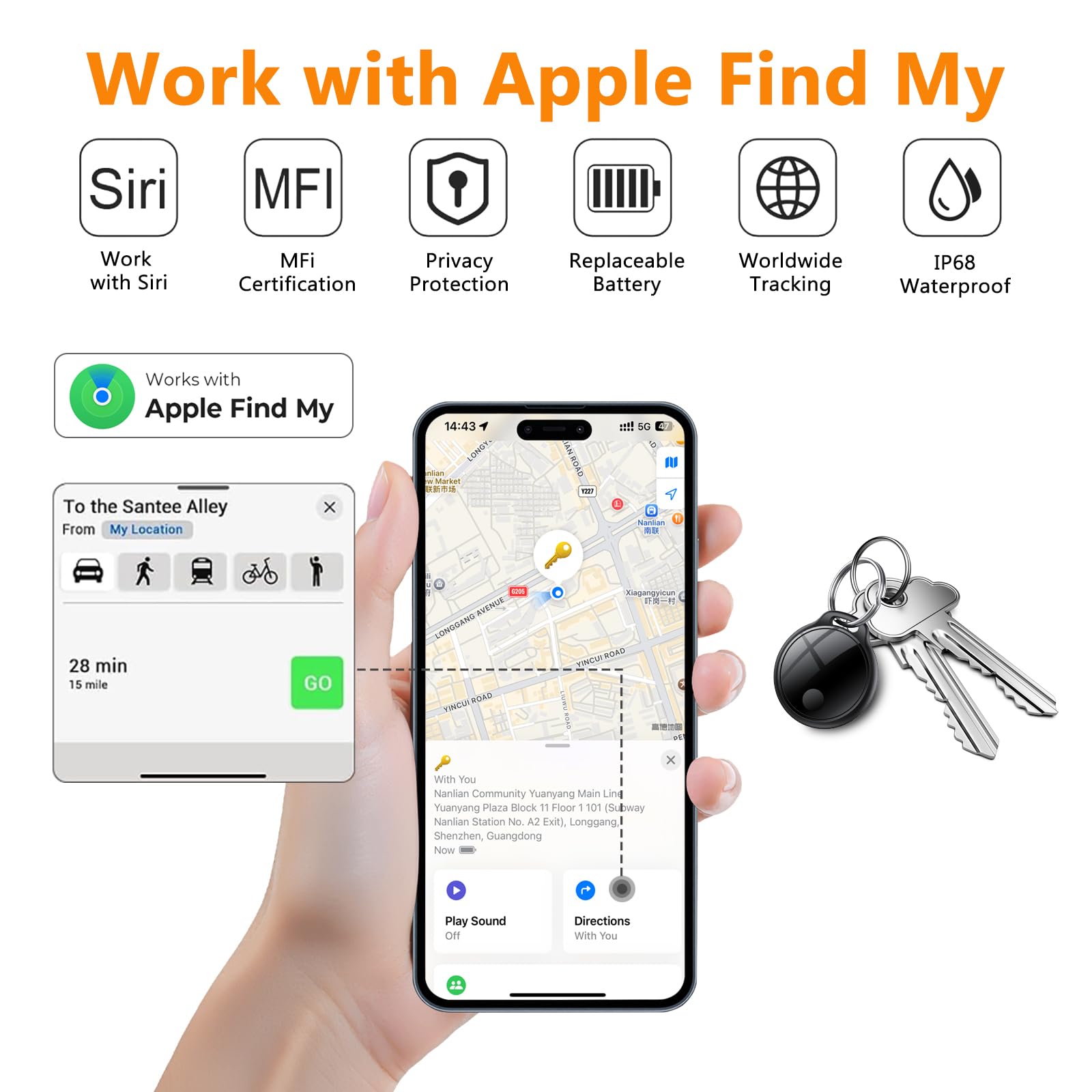 Air Tracker Tag 4 pezzi Nero,Gps Tracker Funziona Bluetooth Trova oggetti Compatibile con Apple Dov'è (solo iOS) Localizzatore Chiavi per Borse, Bagagli, Zaini, Batteria Sostituibile