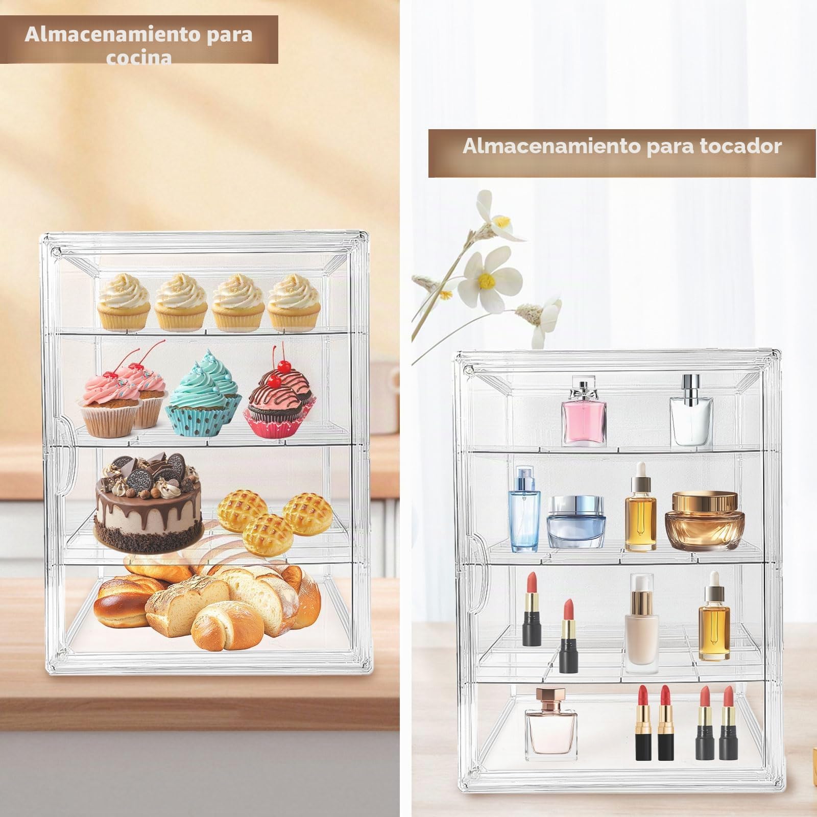 Paneras para Guardar el Pan Transparente, Bread Box de 4 Niveles Ajustables, con Puerta Magnética, Material Pet, con Pinzas de Bambú, para Guardar Donuts, Pan y Pasteles