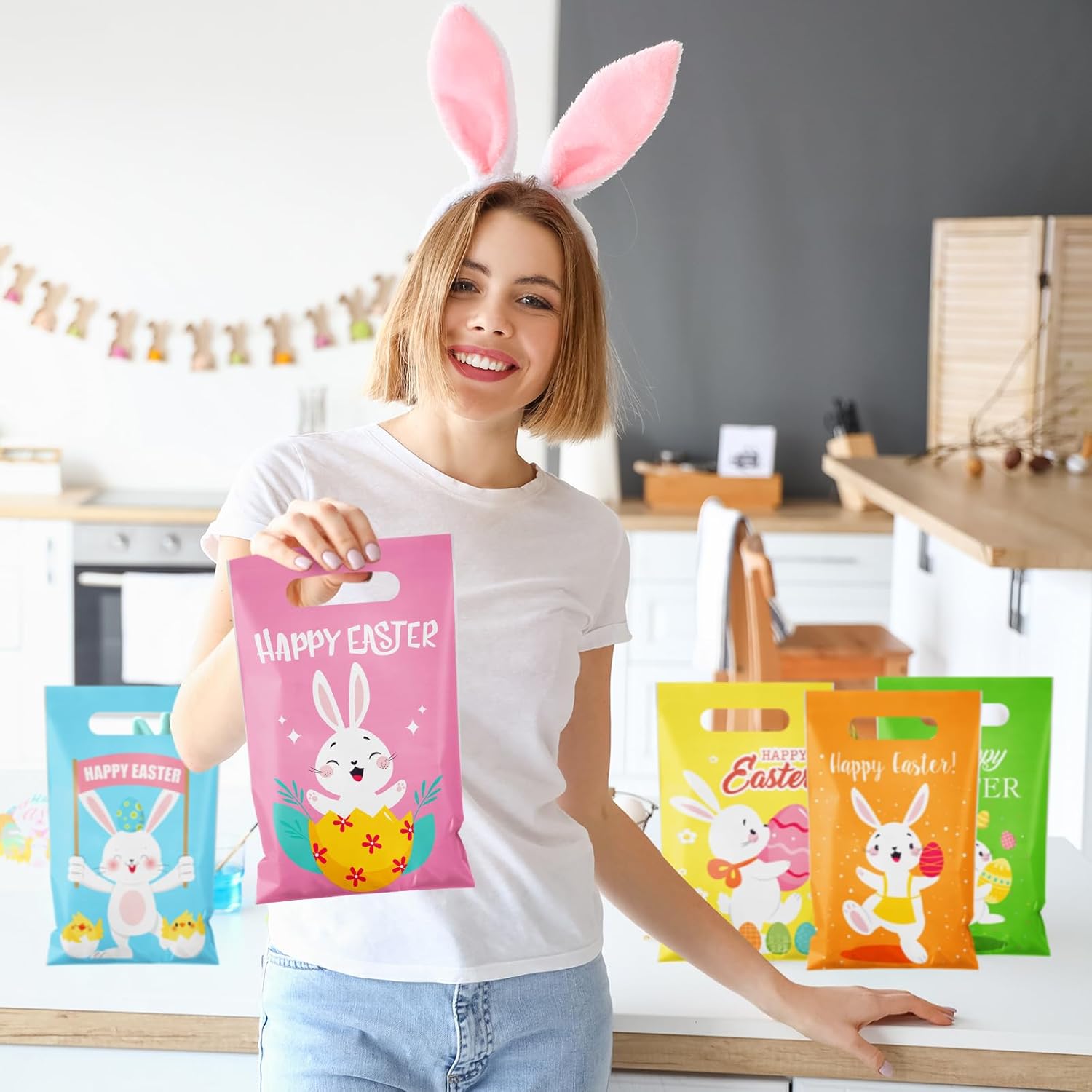 Crtiin 120 Pieces Plastic Easter Gift Bags Large Plastic Tote Easter Candy Goodie Gift with Handles Hunt Bags for Party Favor Supplies, 6 Designs - Image 2