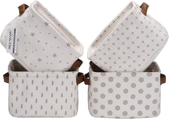 Sea Team Foldable Mini Square New Black and White Theme 100% Natural Linen & Cotton Fabric Storage Bins Storage Baskets Organizers for Shelves & Desks - Set of 4 (Grey 4pcs)
