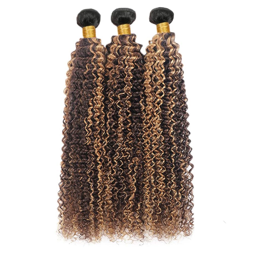 BilltiiWW Highlight Curly Bundles 1BP427 Curly Bundles Brown and Blonde Two Tone Brazilian Hair Extensions Soft and Silky for Black Women 18 20 22 Inch