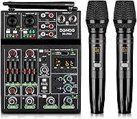 DGNOG R4-PRO 4-Channel Audio Mixer with Dual Wireless Mics, Bluetooth, 48V Phantom Power, USB - Karaoke, DJ, Studio Essential
