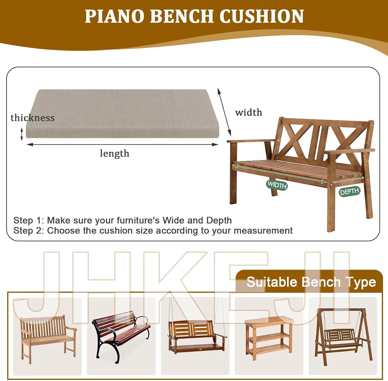 Bench Cushion 48x12 in, Black Bench Cushions for Indoor Outdoor Furniture, 2 in Thick Piano Cushion Replacement, Linen Rectangle Dining Cushions, Non-Slip Settee Seat Pads with Ties and Zipper
