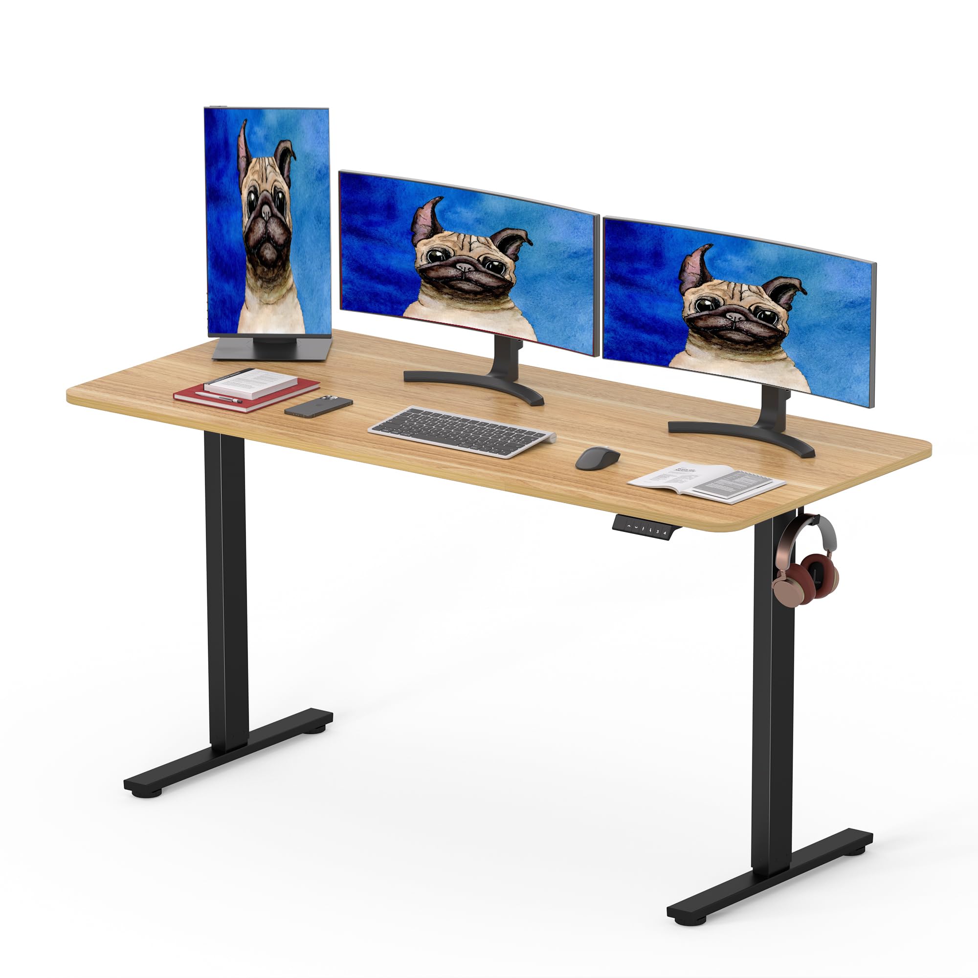 SANODESK 160 x 80cm Electric Standing Desk ONE PIECE Height Adjustable Desk Sit Stand Table Home Office Desk with 4 Height Memory Pre-Sets Smart Pannel and Hooks for Work, (Black Frame+Maple Desktop) — image 1