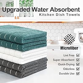 PY HOME & SPORTS Microfiber Kitchen Dish Towels 6 Pack- 17 x 25 Super Absorbent Kitchen Hand Dish Cloths with Upgraded Mesh Design, Lint Free & Quick Drying (Grey/White/Teal)