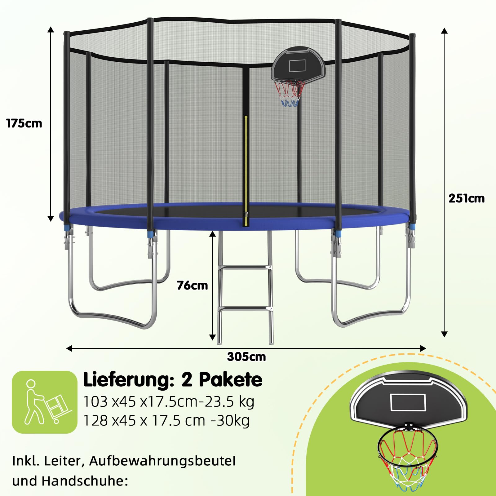Trampolino per esterni, diametro 305/366 cm, per bambini e adulti, per il tempo libero, con cestino da basket, scala e rivestimento antiruggine, portata 200/272 kg