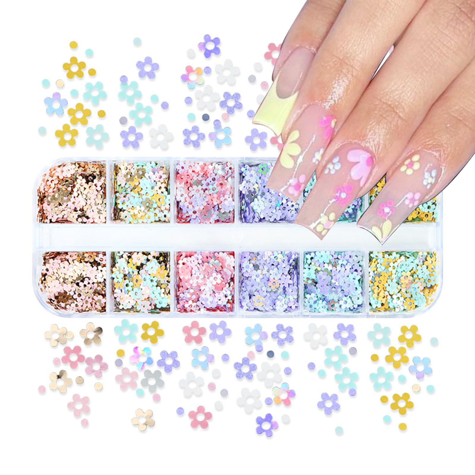 12 Grids Flower Nail Art Glitter Sequins 3D Holographic Floral Nail Flakes Spring Summer Colorful Flower Nail Art Supplies Acrylic Nails Tips