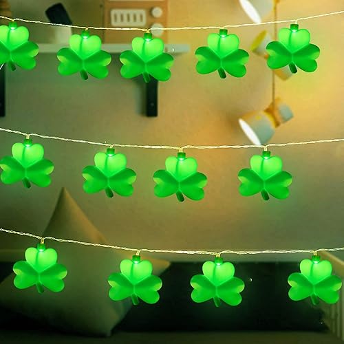 Miniatura 7 de Guirnalda de luces de trébol, 8.5 pies para decoración del día de San Patricio con 10 luces de trébol verde, luces de hadas de trébol conectables 3