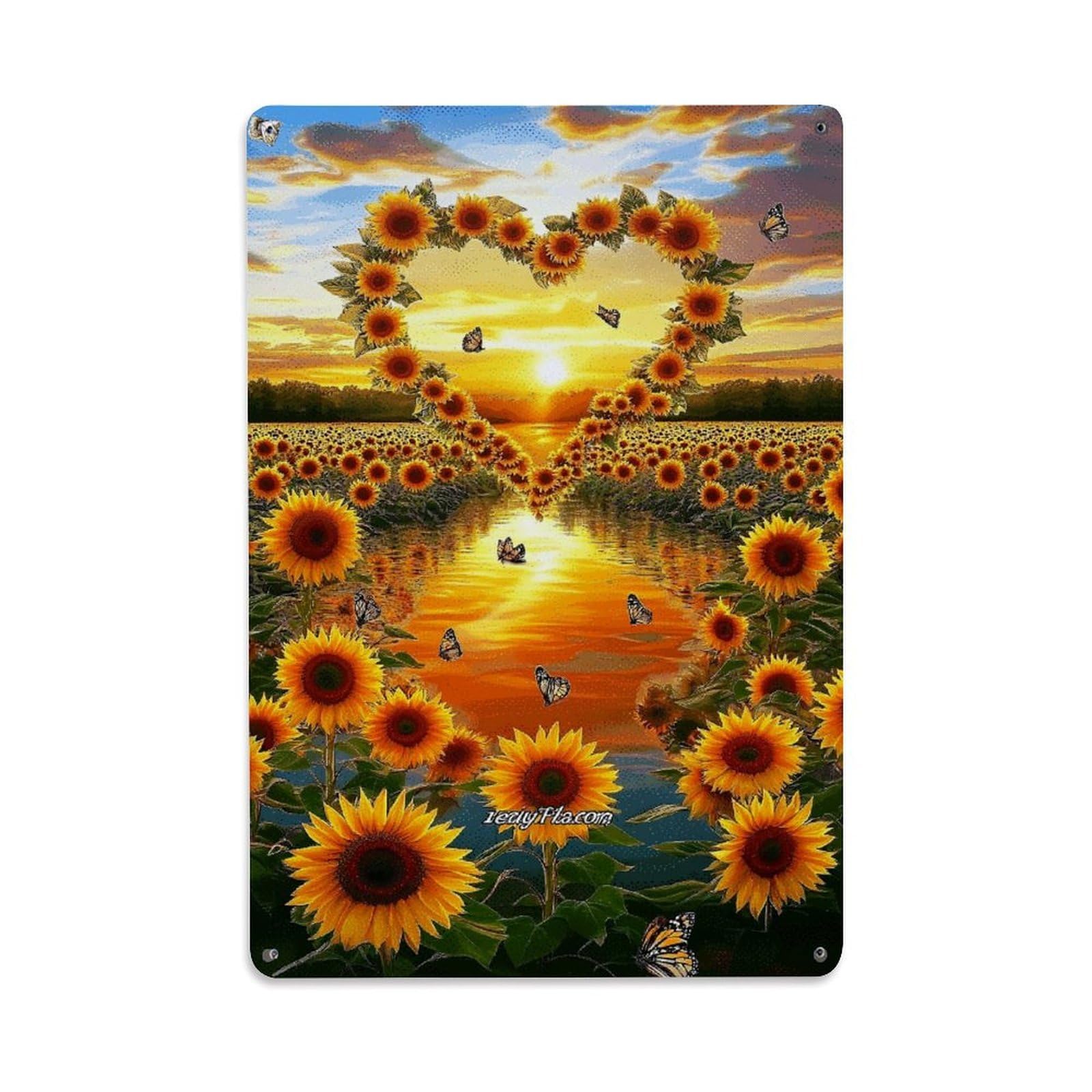 Sunflower Heart Sunset Butterflies Field Vintage Tin Sign Retro Metal Wall Decor Metal Poster, Home Bar Garage Farmhouse Cafe Wall Art Decoration 8x12Inches