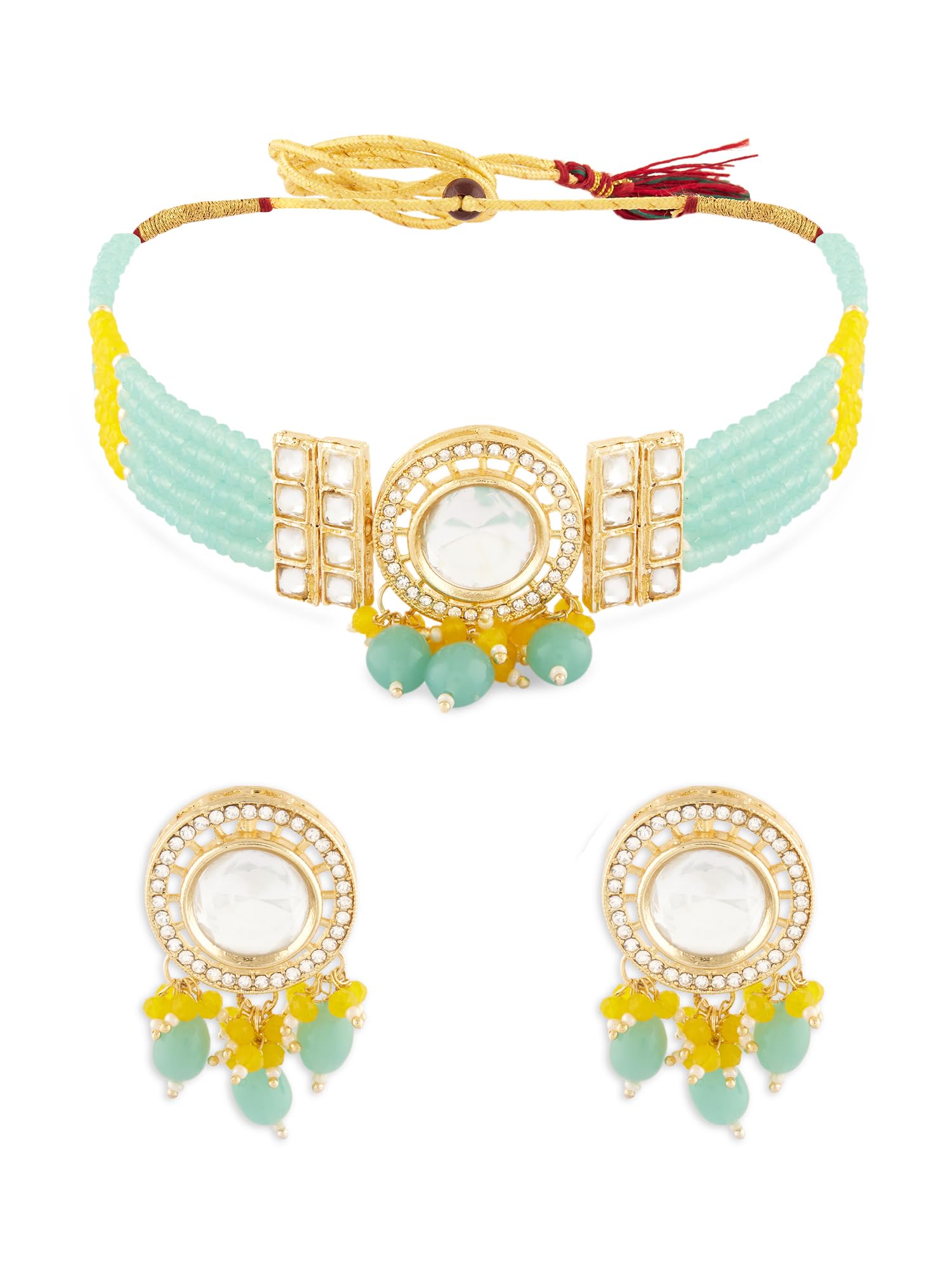 ZAVERI PEARLS Turquoise Blue & Yellow Multistrand Beaded Choker Necklace & Earring Set For Women-ZPFK17640 (B0CWNZDC8V) Amazon Price History, Amazon Price Tracker