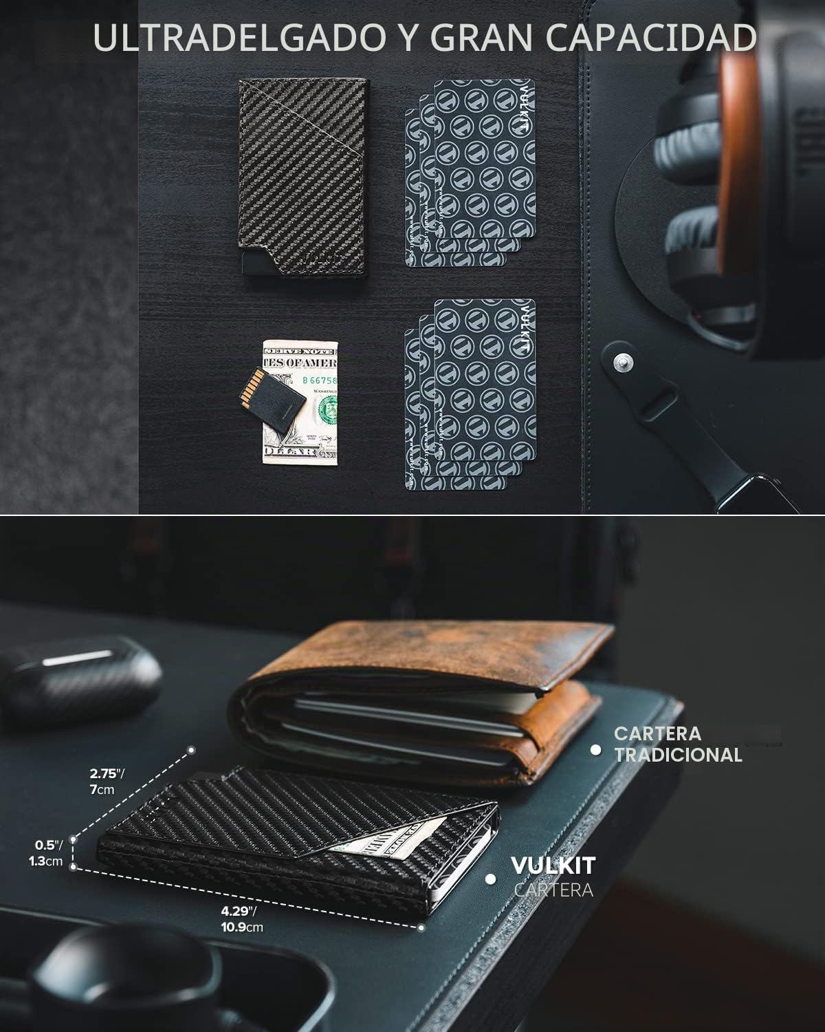 VULKIT Tarjeteros Cartera para Tarjetas con Bloqueo RFID, Delgada, de Aluminio, de Metal, con Bolsillo para Dinero de Negocios, para Tarjetas de crédito, Billetes y Monedas
