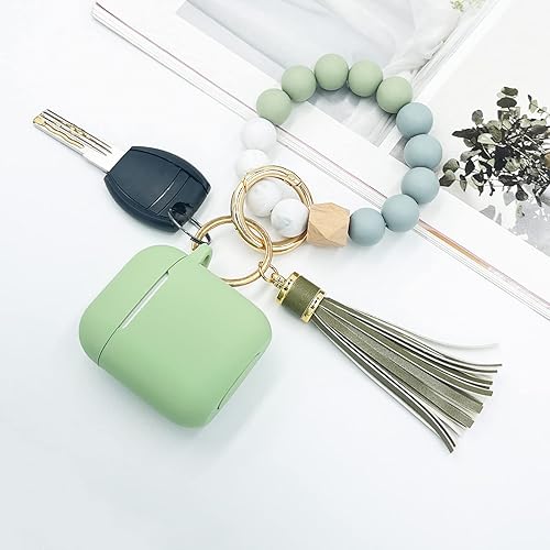 Miniatura 2 de Funda para AirPods, funda protectora de silicona con llavero de pulsera de cuentas compatible con Apple AirPods de 2 y 1 generación (verde aguacate)