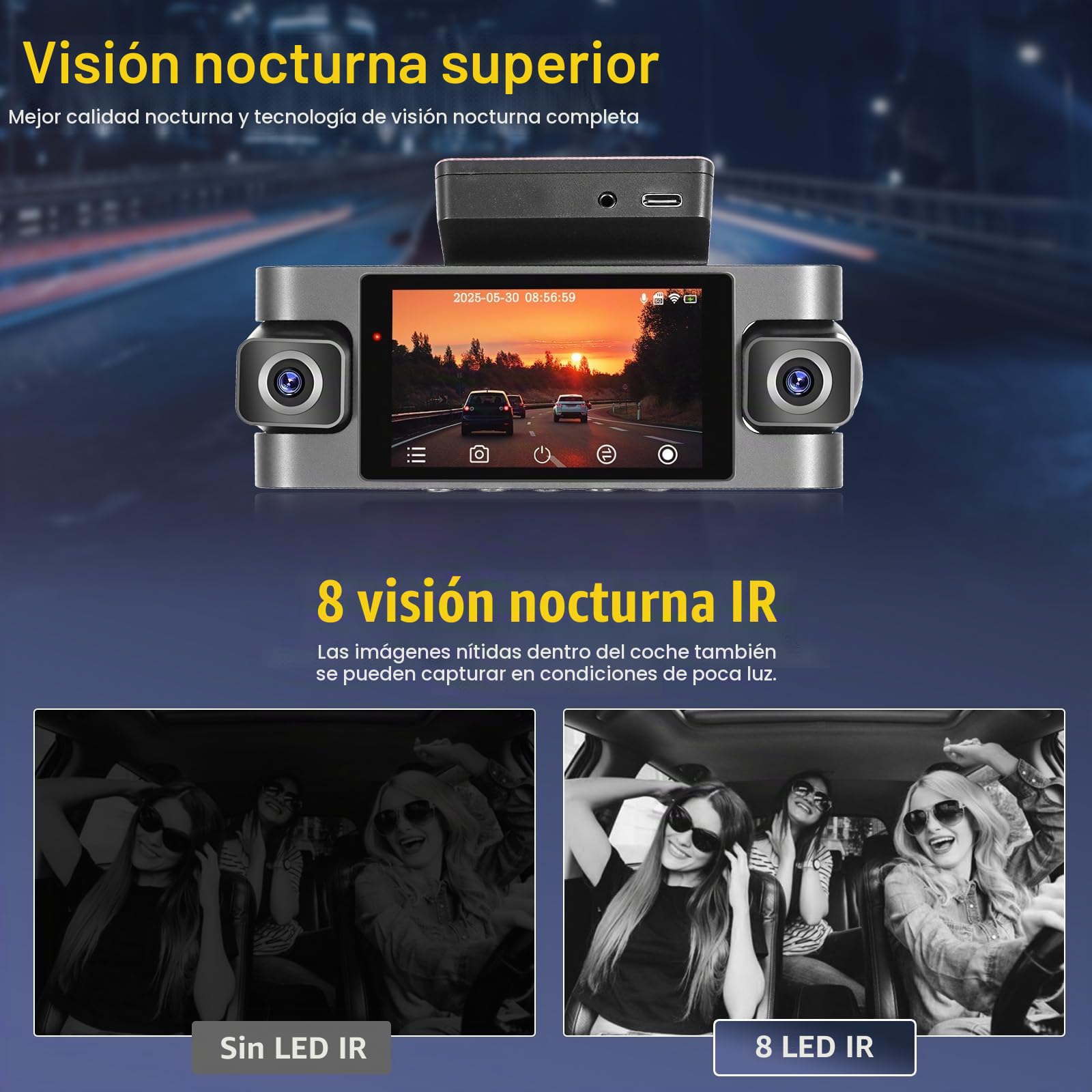 Hikity 2K WiFi Dashcam 4 Dashcam con Pantalla IPS G-Sensor Tarjeta TF 64G | IPS Dashcam con Coche Control APP Ángulo 360° Modo Aparcamiento 24H Grabación Continua Cámara de Coche Visión Nocturna