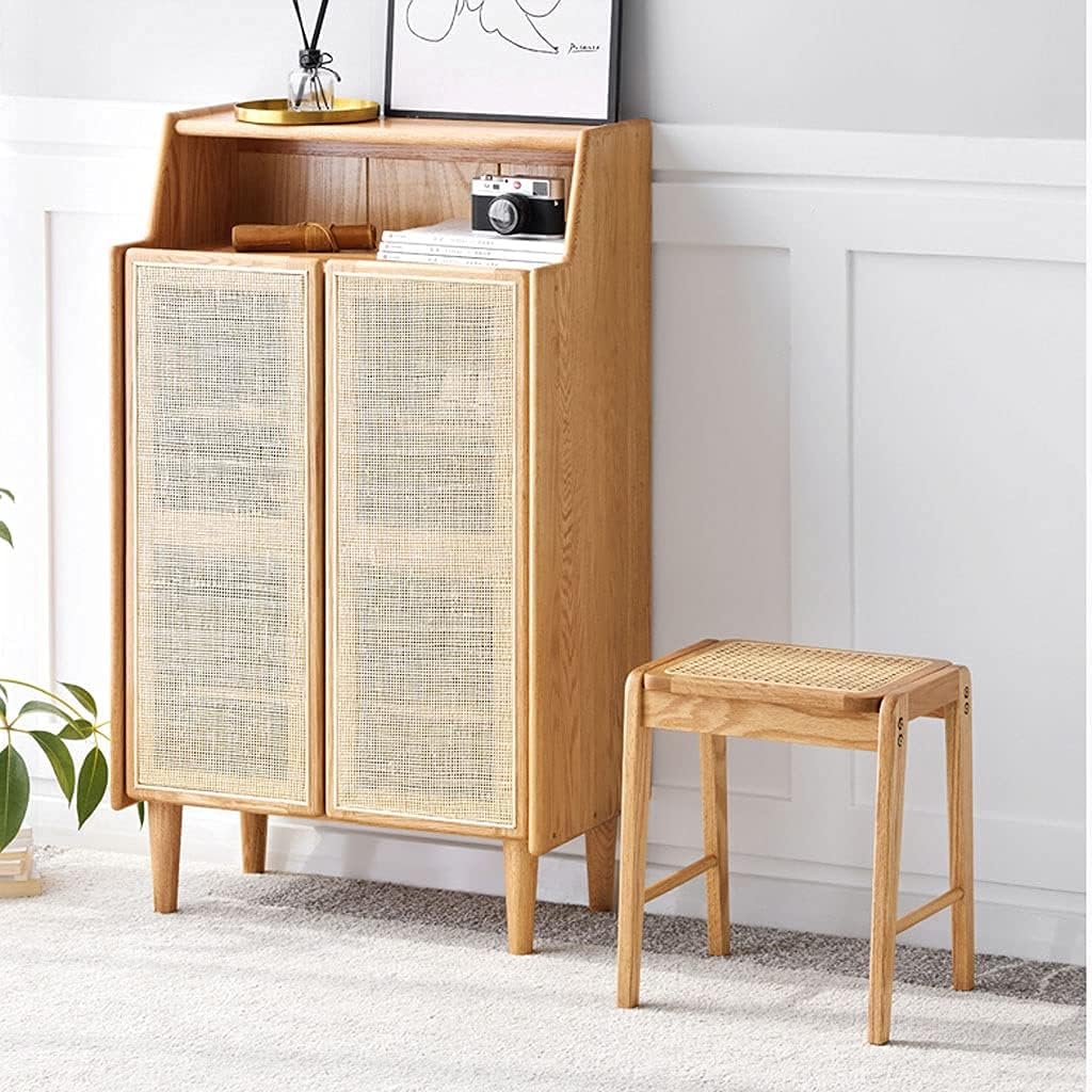 Minimalist Fashion Creative Rattan Dressing Stool Solid Wood Stool and Square Stool Simple Bedroom Stool for Bedroom Living Room/Dining Casual