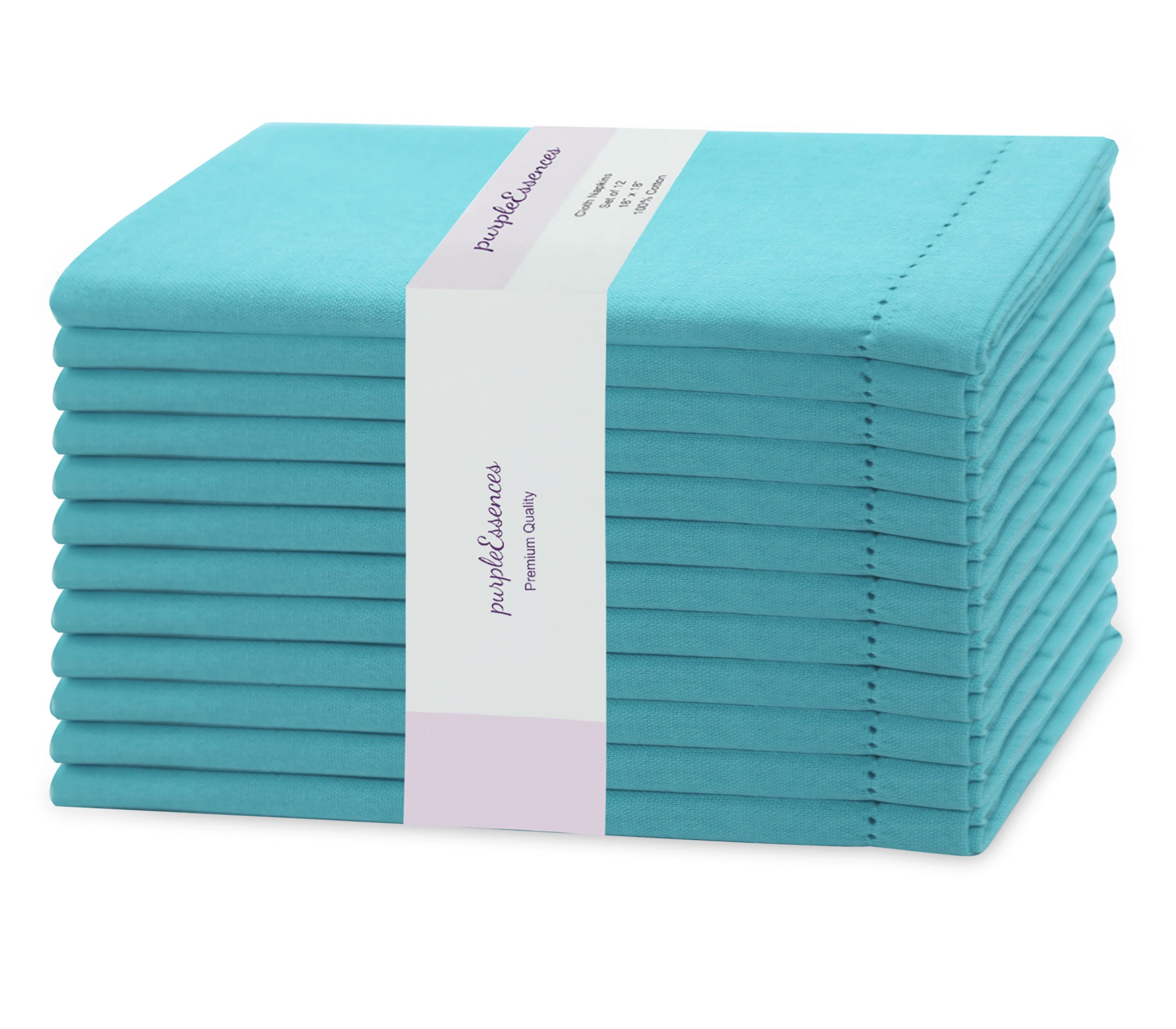 PurpleEssencesSet of 12 Hemstitch Cloth Dinner Napkins 100% Cotton - Soft Durable Washable -Ideal for Events Wedding Spring and Summer - Perfect Everyday Use Table Linen 18x18 - Aqua Blue