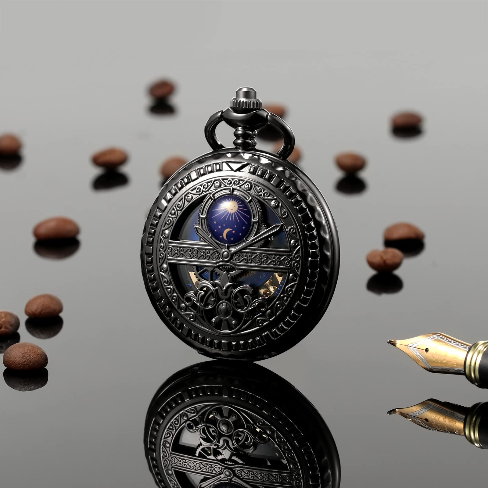 TREEWETO Mechanische Herren Taschenuhr, Sonne und Mond, Skelett, römischen Ziffern, Taschenuhren mit Kette für Herren