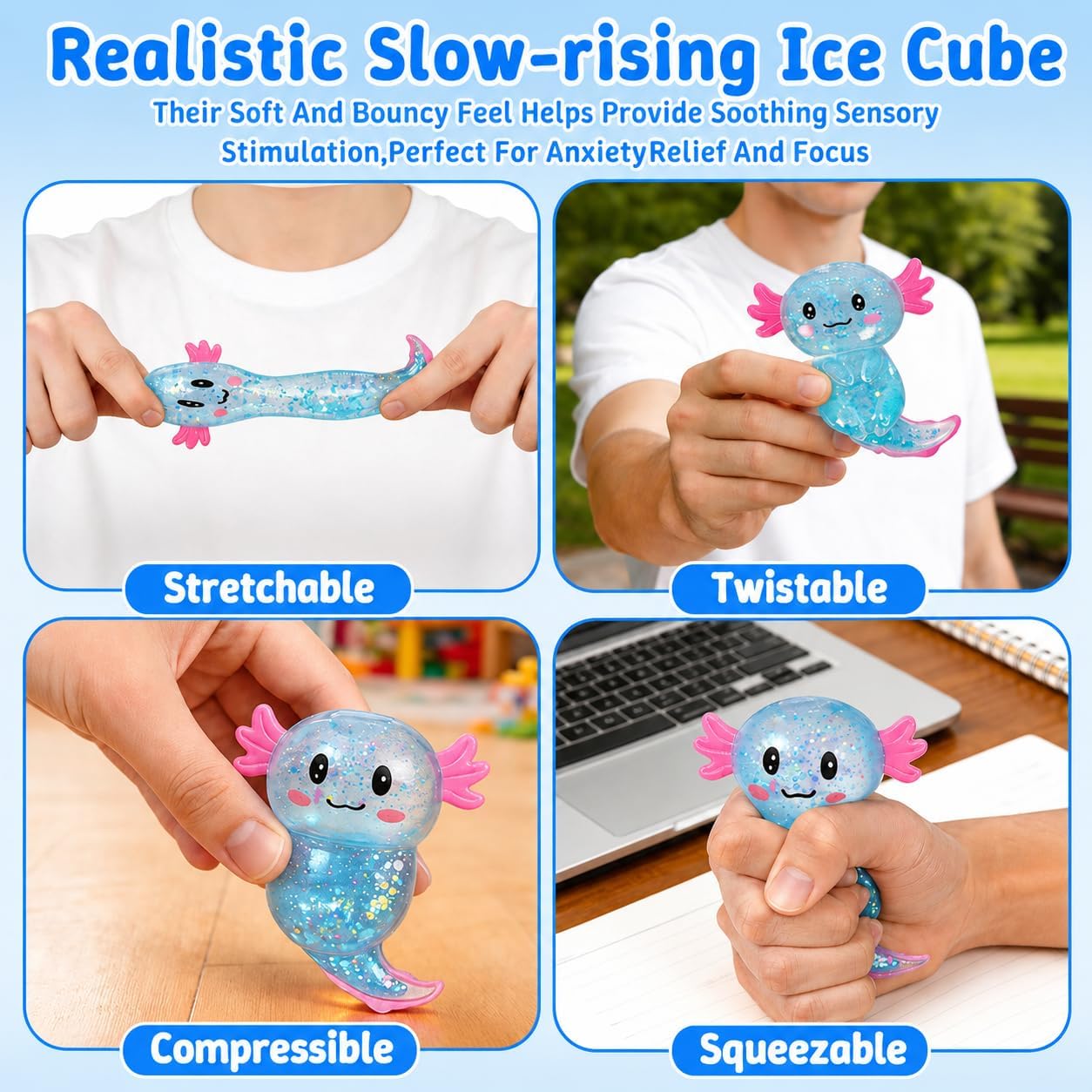 Axolotl Squishy Toy, Soft Stretchy Sensory Fidget Toy, Cute Long Tail Axolotl Stress Relief Squeeze Toy for Kids and Adults, Desk Toy Gift(Blue) image 4